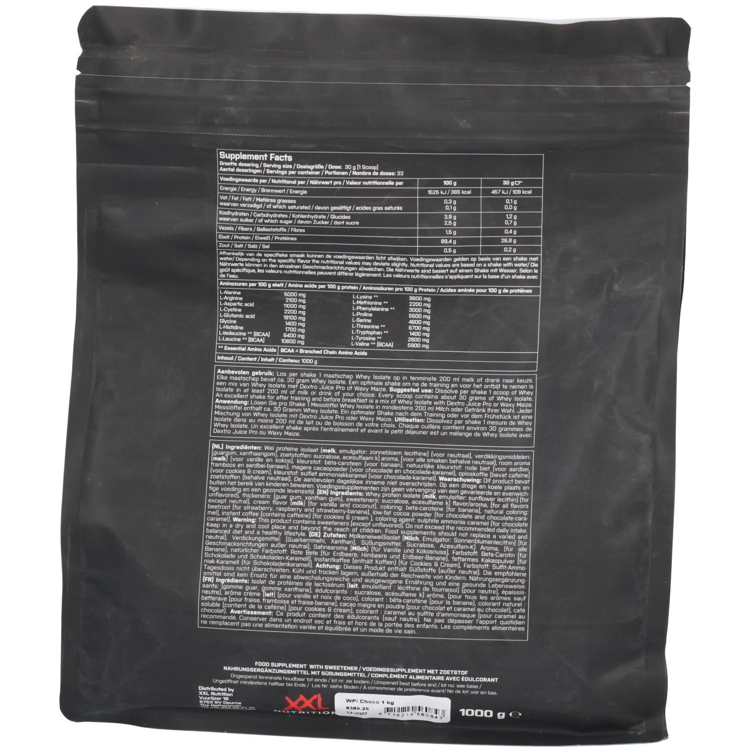 Dos d'un sachet noir avec informations nutritionnelles et ingrédients. Texte : Supplement Facts, ingrédients, informations nutritionnelles, 1000 g.