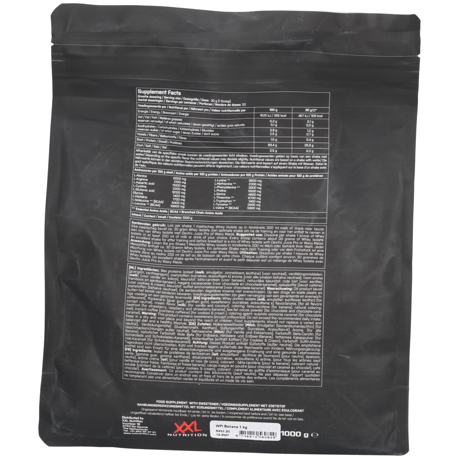 Dos du sachet noir. Contient informations nutritionnelles et liste d'ingrédients. Texte multilingue. Logo XXL Nutrition en bas.