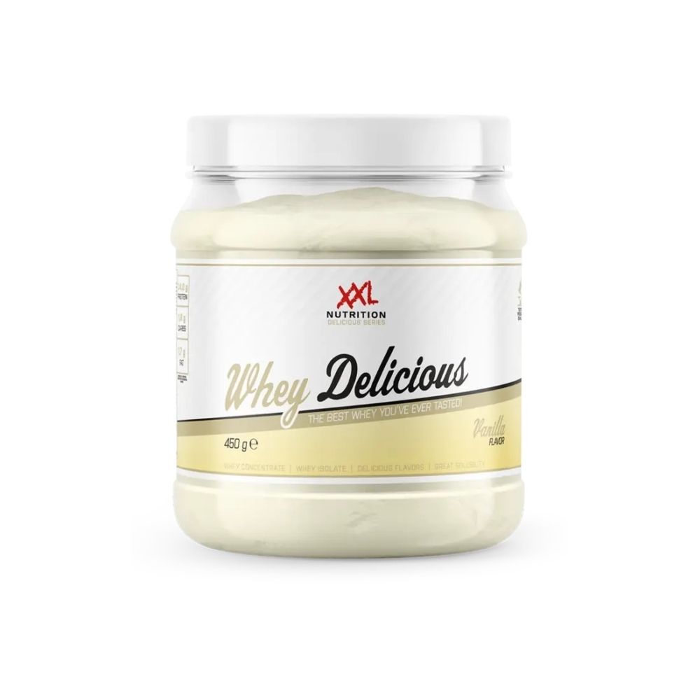XXL Nutrition Whey Délicieuse Vanille. Pot avec couvercle blanc. Inscription: Whey Delicious, Vanille. 450g.