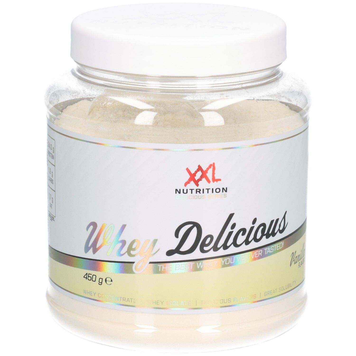 XXL Nutrition Whey Délicieuse Vanille. Pot avec couvercle blanc. Contient de la poudre. Inscription: Whey Delicious, Vanille.