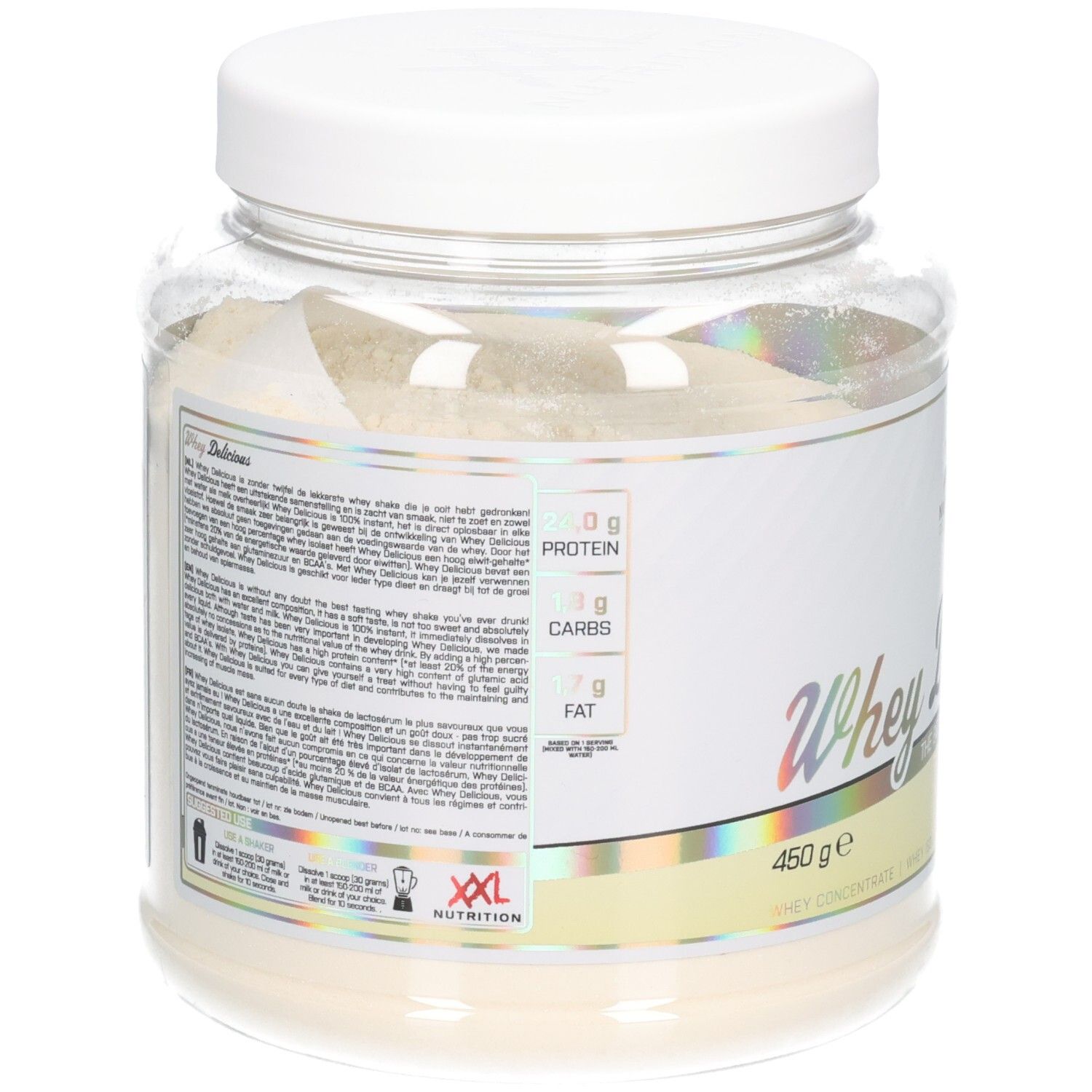 XXL Nutrition Whey Délicieuse Vanille. Dos du pot. Informations nutritionnelles et ingrédients. 450g.