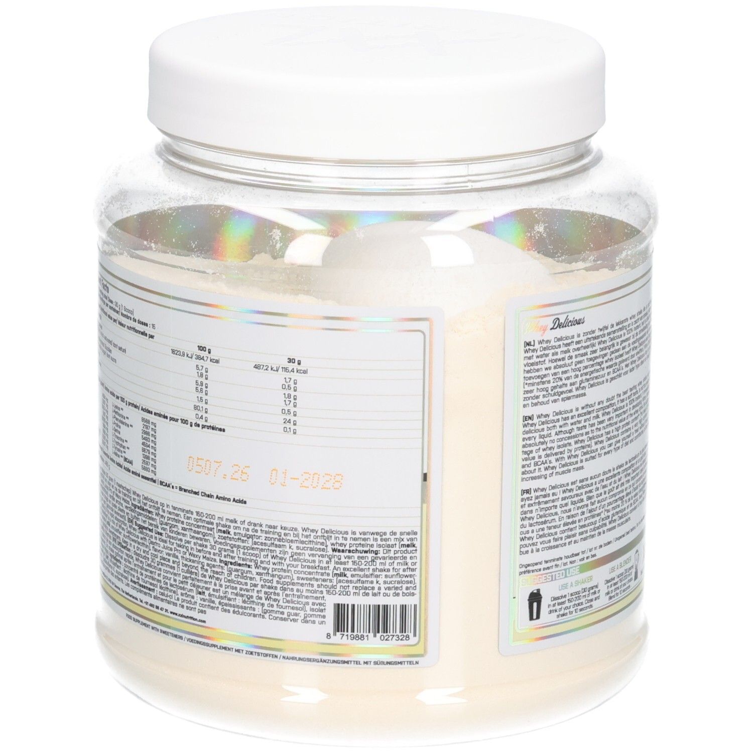 XXL Nutrition Whey Délicieuse Vanille. Dos du pot. Informations nutritionnelles et ingrédients. 450g.