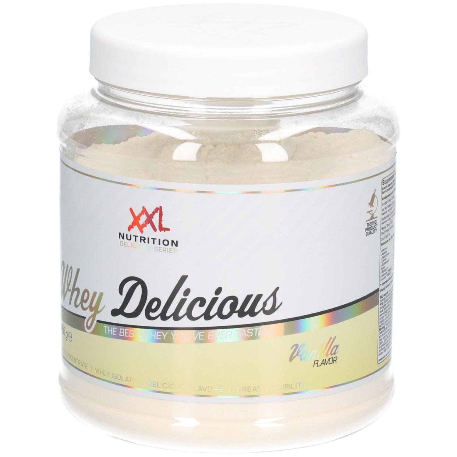 XXL Nutrition Whey Délicieuse Vanille. Pot avec couvercle blanc. Inscription: Whey Delicious, Vanille. 450g.