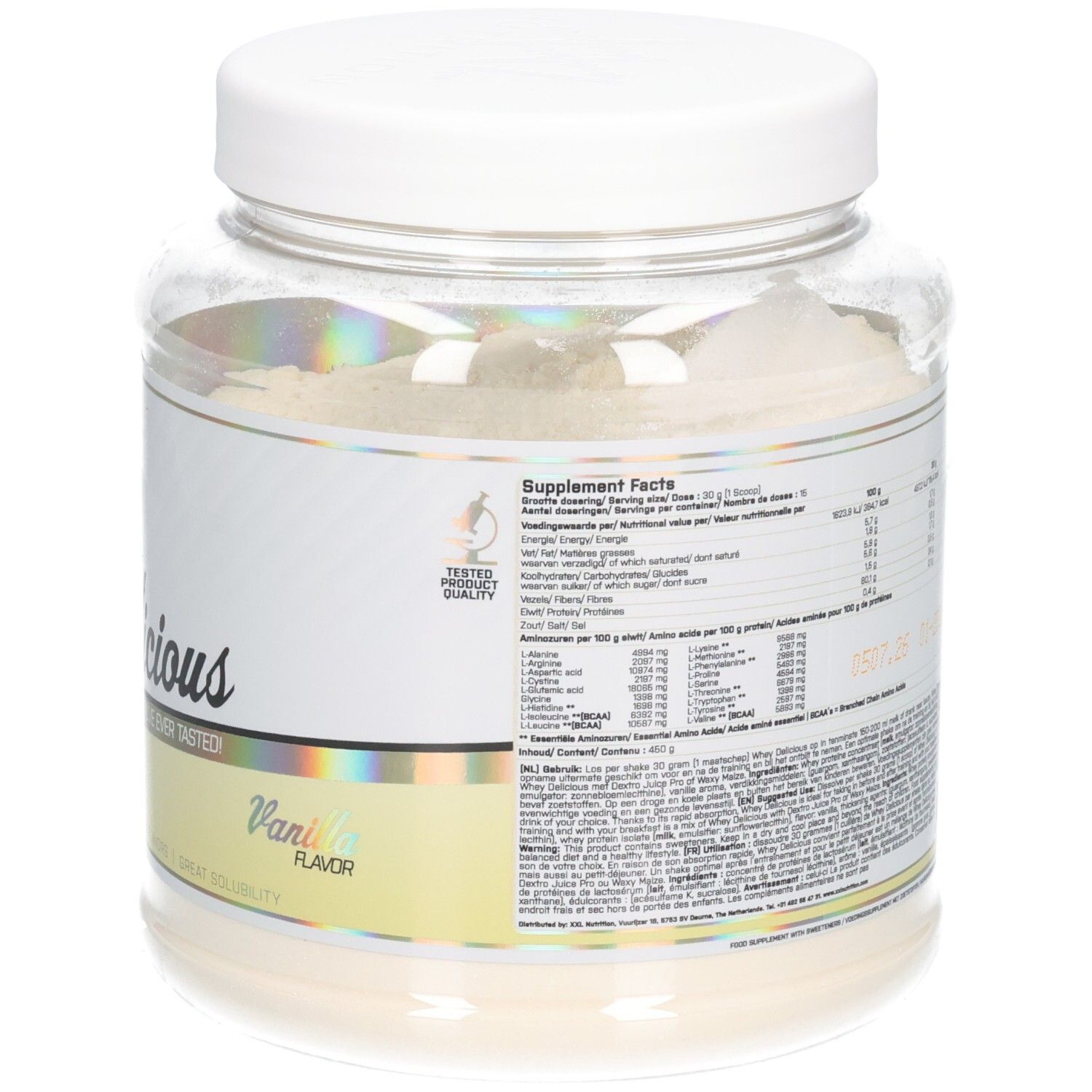 XXL Nutrition Whey Délicieuse Vanille. Dos du pot. Informations nutritionnelles et ingrédients. 450g.