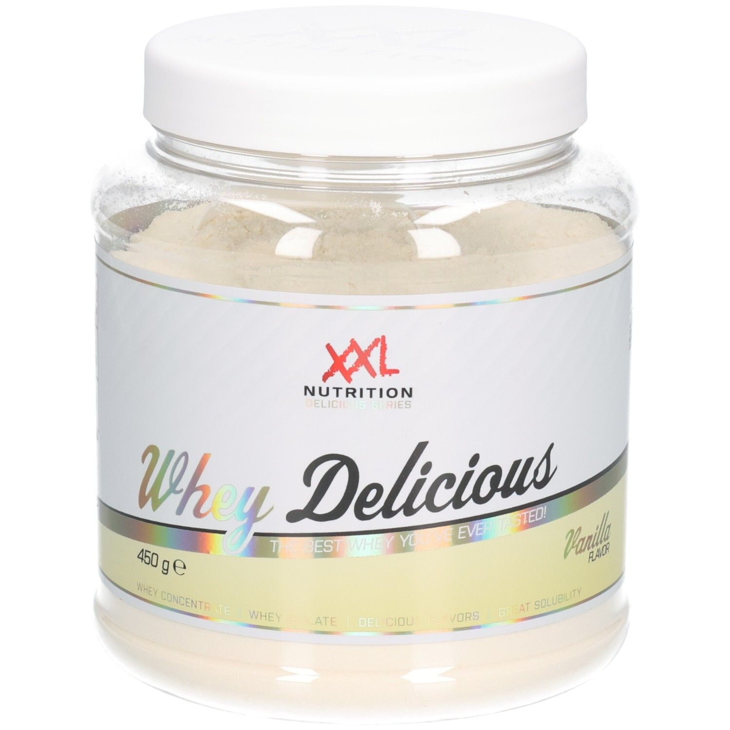 XXL Nutrition Whey Délicieuse Vanille. Pot avec couvercle blanc. Inscription: Whey Delicious, Vanille. 450g.