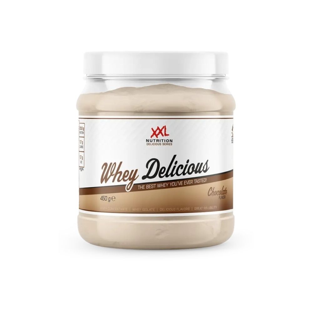 Poudre de protéine Whey Délicieux chocolat dans un pot transparent avec couvercle blanc. Logo XXL Nutrition.