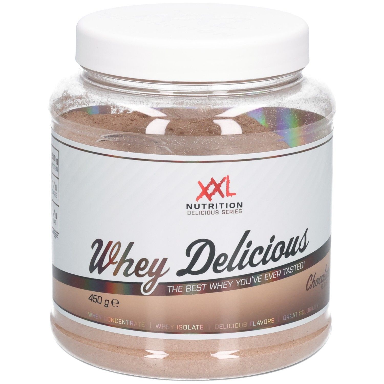 Poudre de protéine Whey Délicieux chocolat dans un pot transparent avec couvercle blanc. Logo XXL Nutrition.