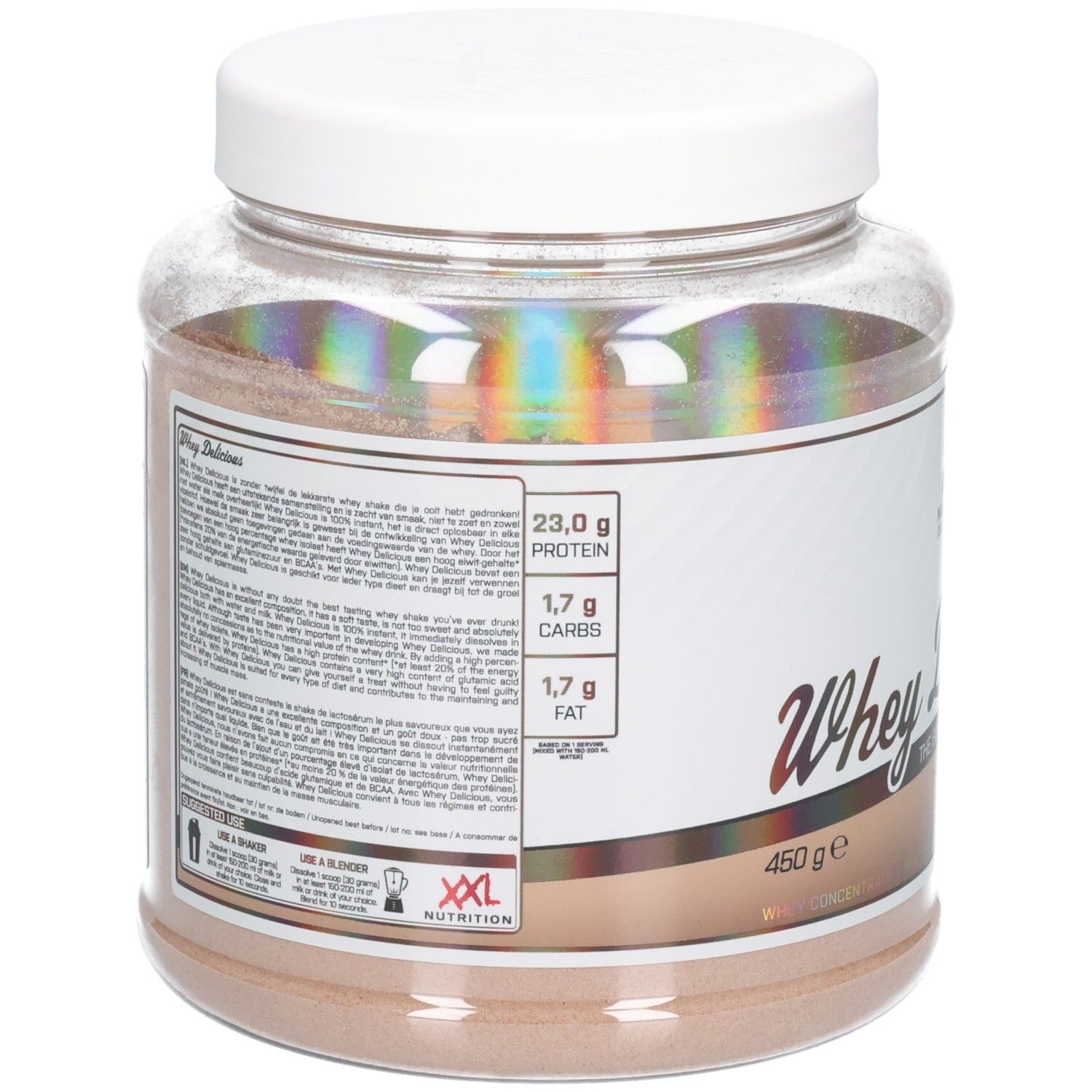 Dos du pot de protéine Whey Délicieux chocolat. Contient des informations nutritionnelles et le logo XXL Nutrition.