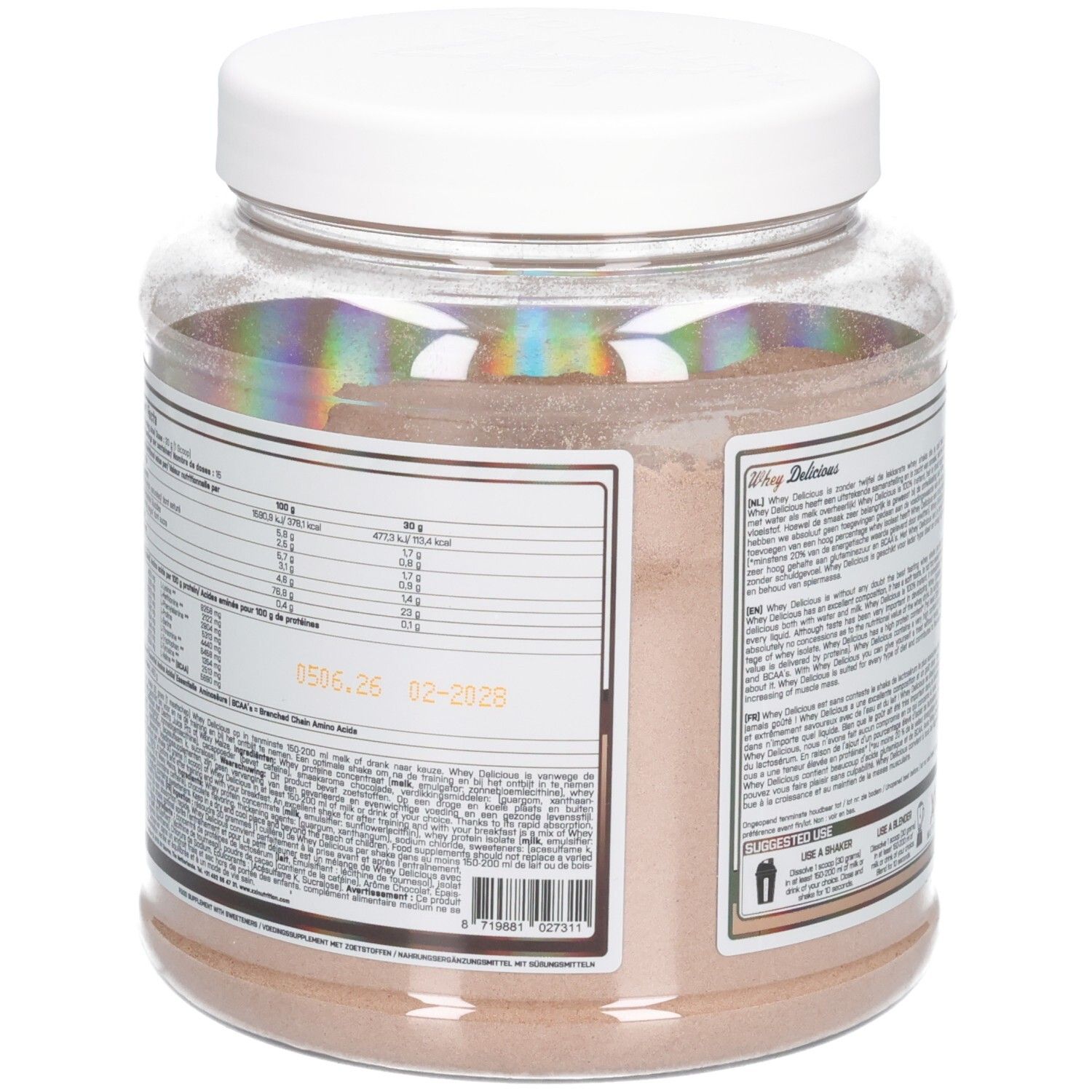 Dos du pot de protéine Whey Délicieux chocolat. Contient informations nutritionnelles, liste d'ingrédients et date de péremption.