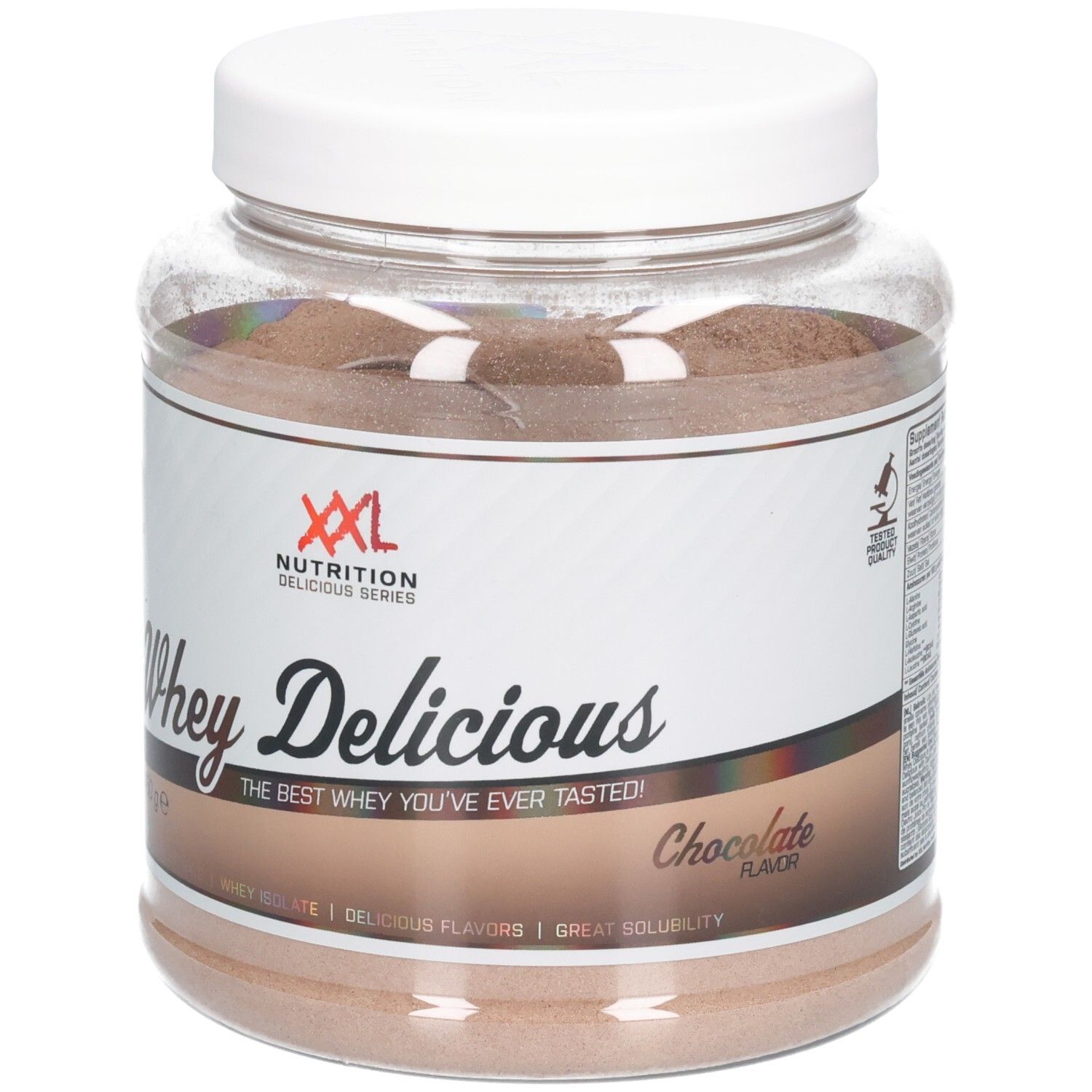 Poudre de protéine Whey Délicieux chocolat dans un pot transparent avec couvercle blanc. Logo XXL Nutrition.