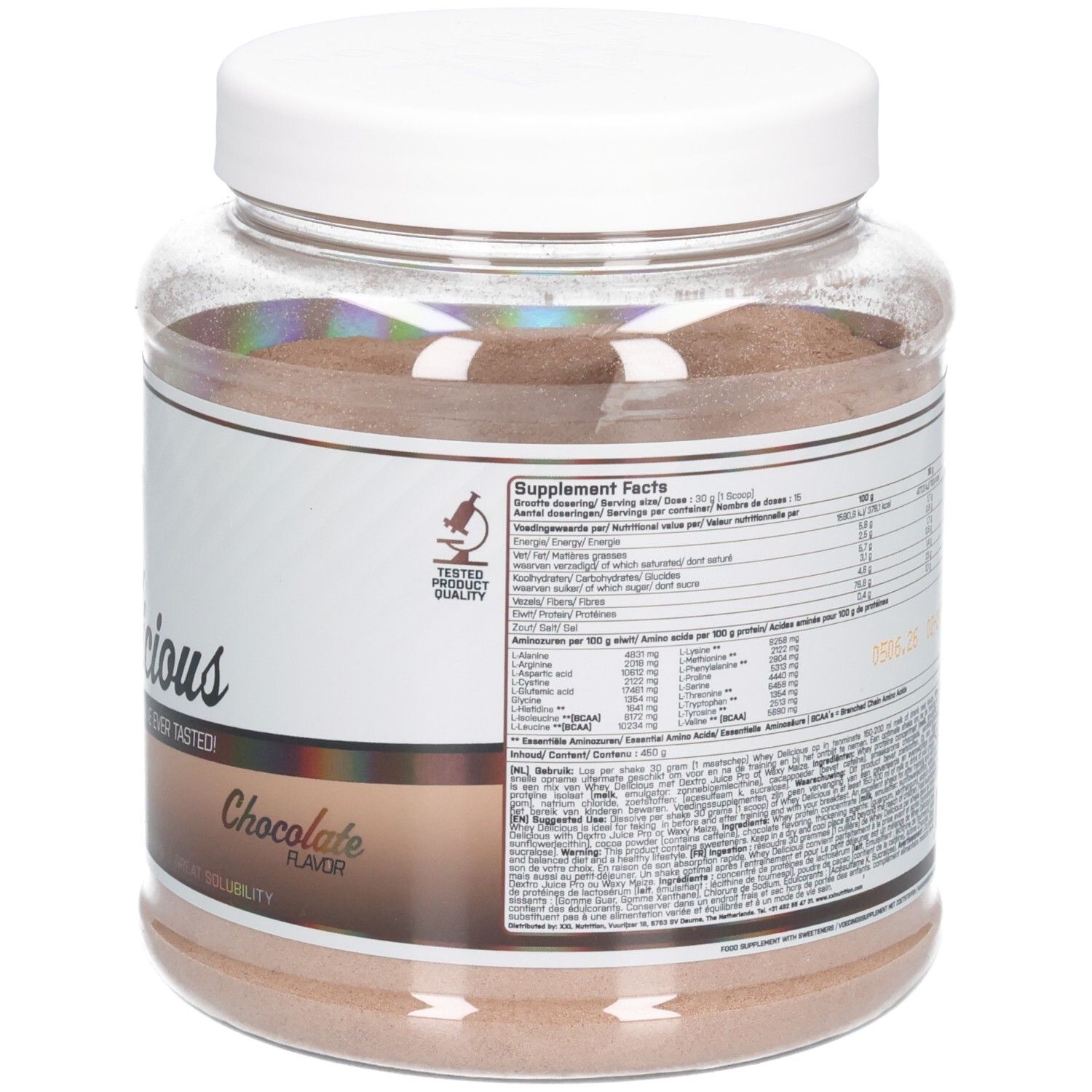 Pot de protéine Whey Délicieux chocolat. Contient des informations nutritionnelles et le logo 'Tested Quality'.