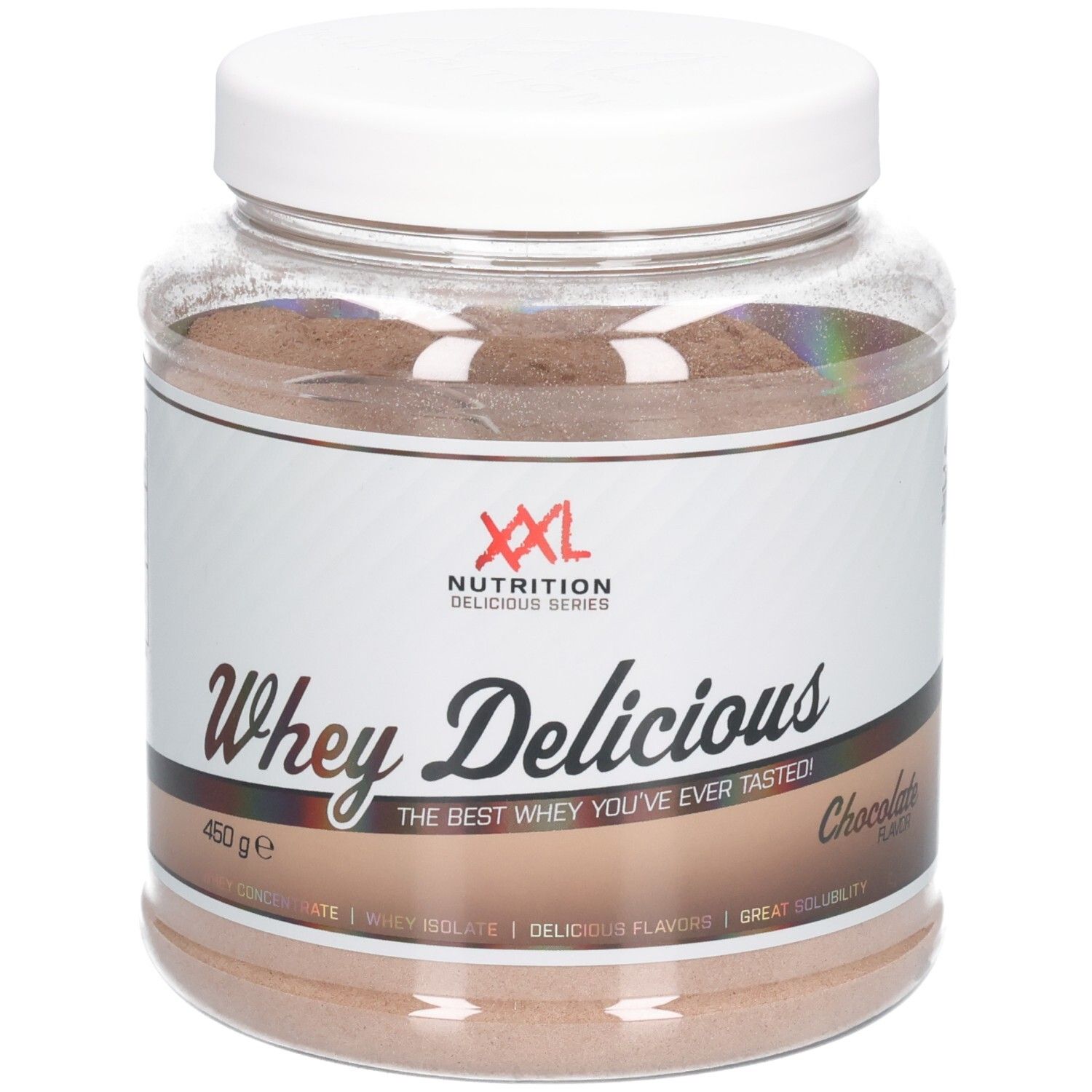 Poudre de protéine Whey Délicieux chocolat dans un pot transparent avec couvercle blanc. Logo XXL Nutrition.
