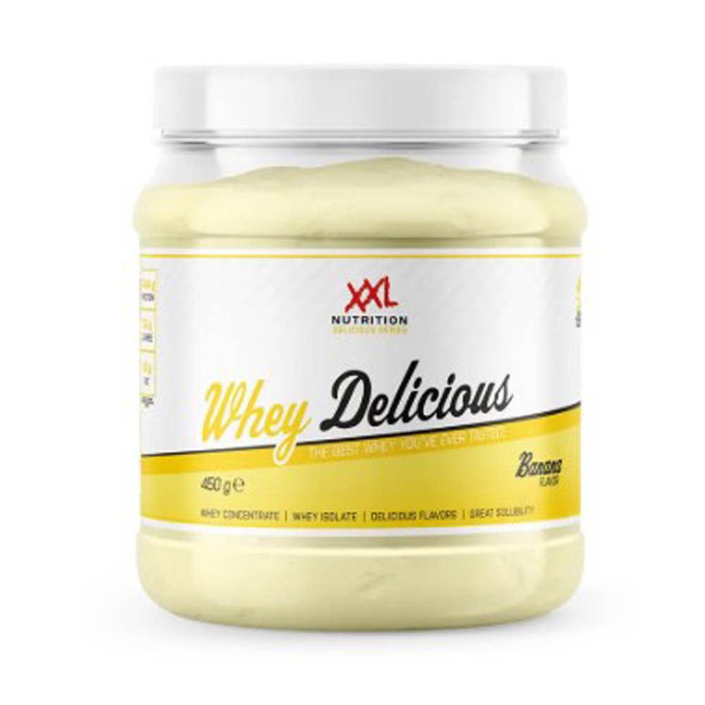 XXL Nutrition Whey Delicious Banane : Pot transparent avec couvercle blanc, rempli de poudre de whey à la banane. Étiquette avec écriture dorée.