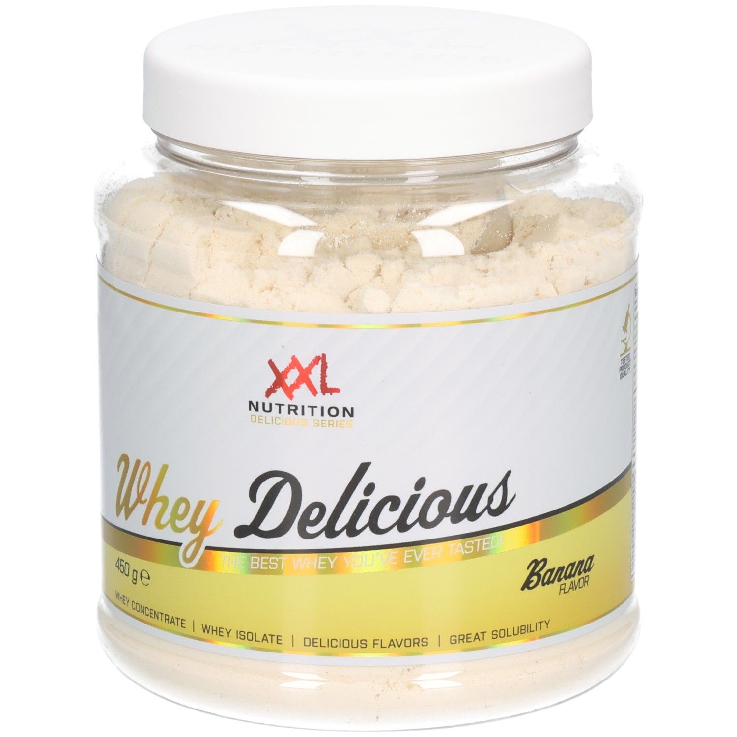 XXL Nutrition Whey Delicious Banane : Pot transparent avec couvercle blanc, rempli de poudre de whey à la banane. Étiquette avec écriture dorée.