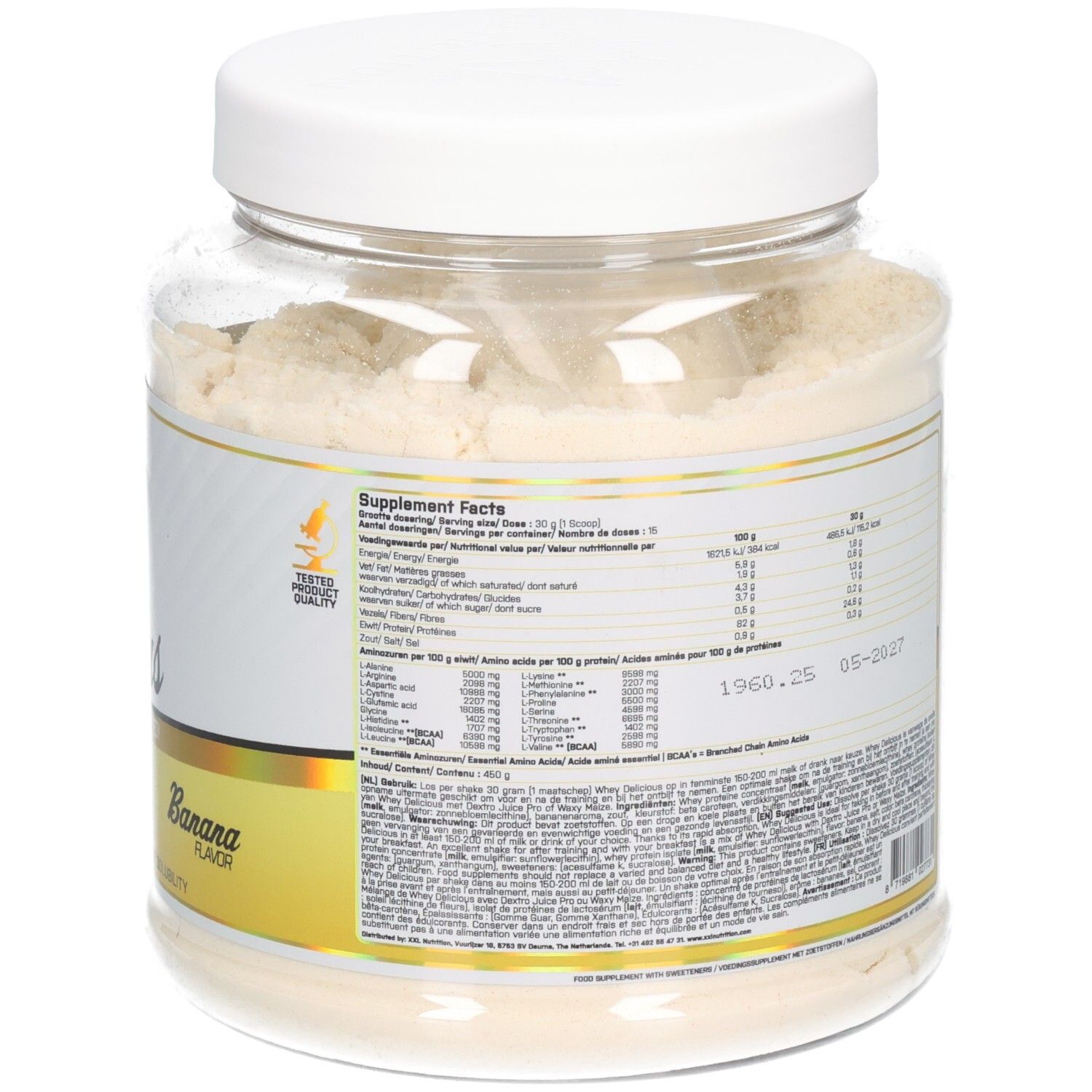 XXL Nutrition Whey Delicious Banane : Arrière du pot avec détails des "Supplement Facts" et profil d'acides aminés.