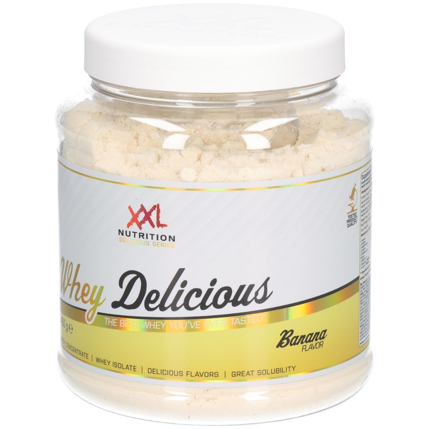 XXL Nutrition Whey Delicious Banane : Pot transparent avec couvercle blanc, rempli de poudre de whey à la banane. Étiquette avec écriture dorée et "Banana Flavor".