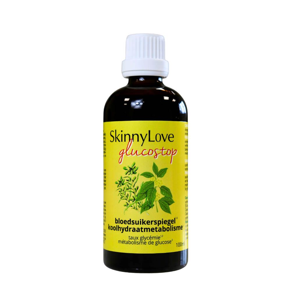 Bouteille en verre brun avec étiquette jaune et bouchon blanc. Contient SkinnyLove Glucostop.