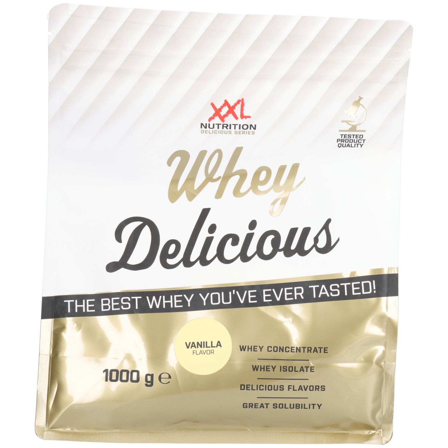 Sachet "XXL Nutrition Whey Delicious". Contient 1000 g. Goût vanille. Contient Whey Concentrate, Whey Isolate.
