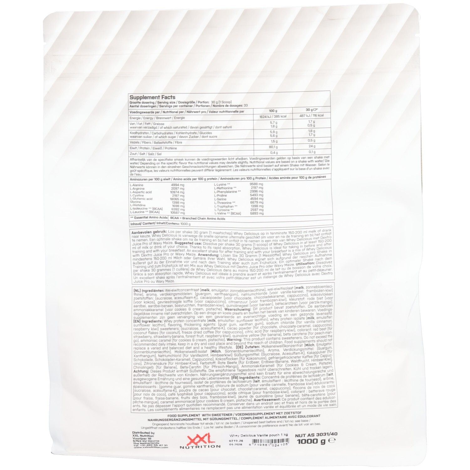 Dos d'un sachet avec informations nutritionnelles. Contient des informations sur les ingrédients et les valeurs nutritionnelles. Texte multilingue.