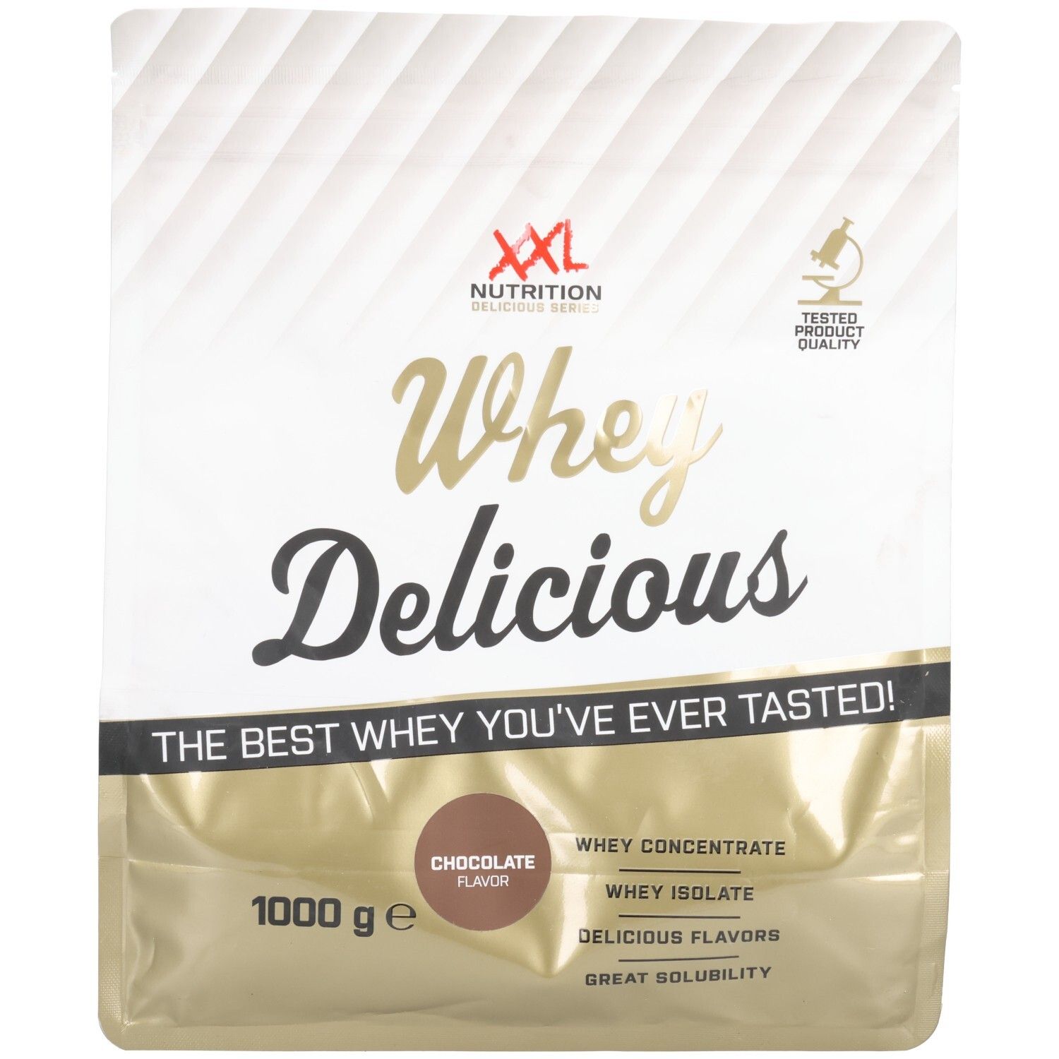 Sachet de Whey Delicious Chocolat XXL Nutrition. Inscriptions dorées et logo. Inscription : Chocolate Flavor, 1000 g.