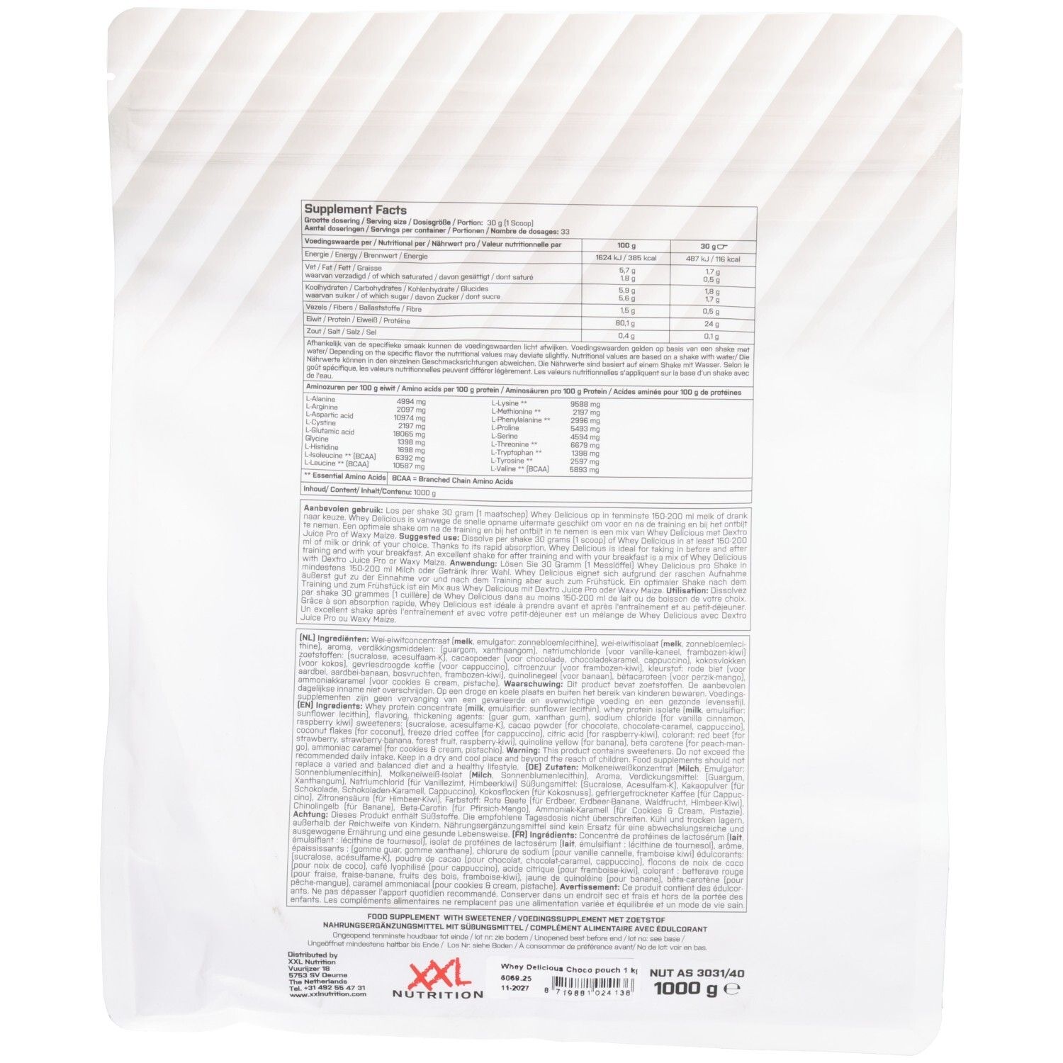 Dos du sachet de Whey Delicious Chocolat XXL Nutrition. Texte avec informations nutritionnelles et liste des ingrédients.