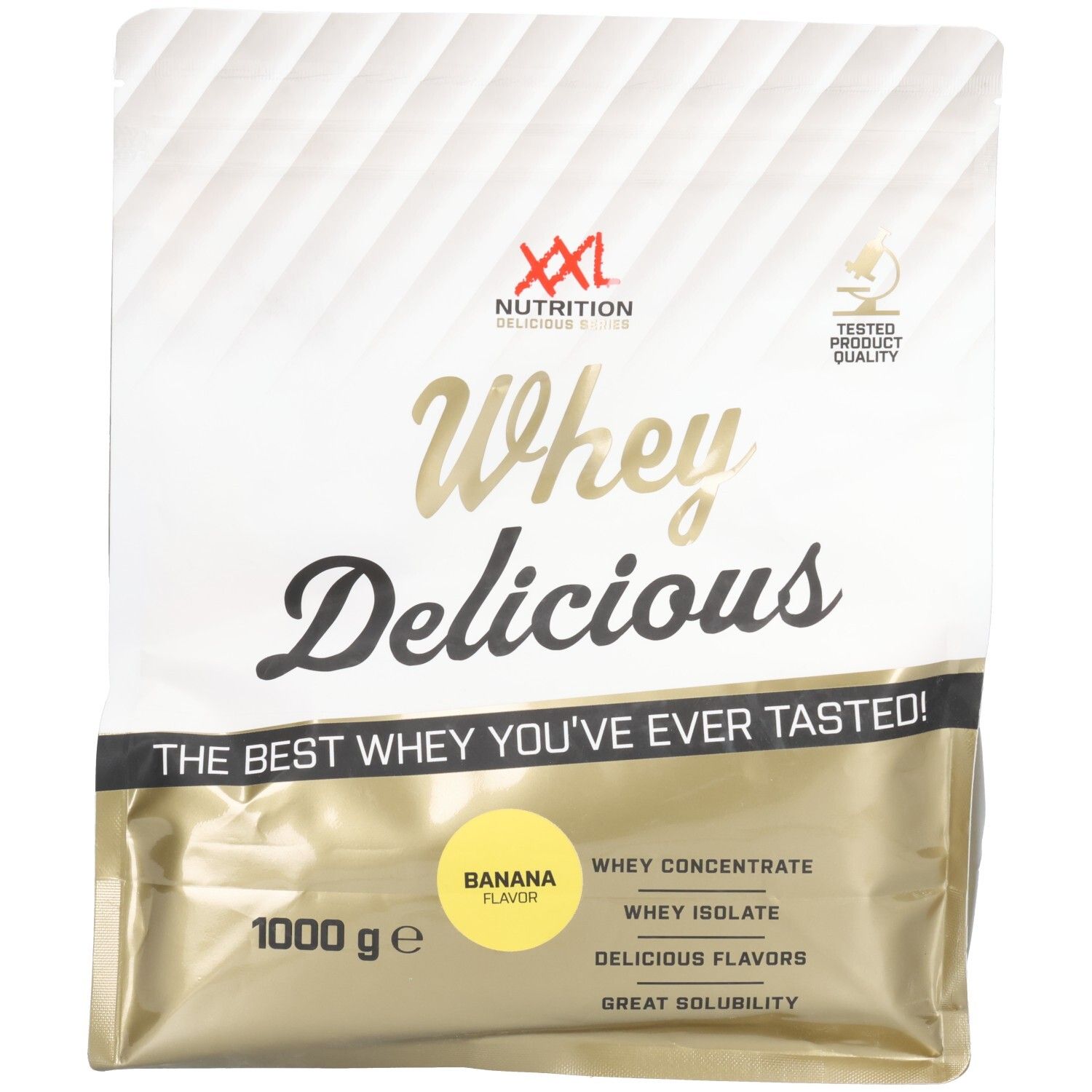 Sachet de Whey Delicious banane. Emballage doré avec logo et texte. 1000g. Inscription : "The best whey you've ever tasted!"