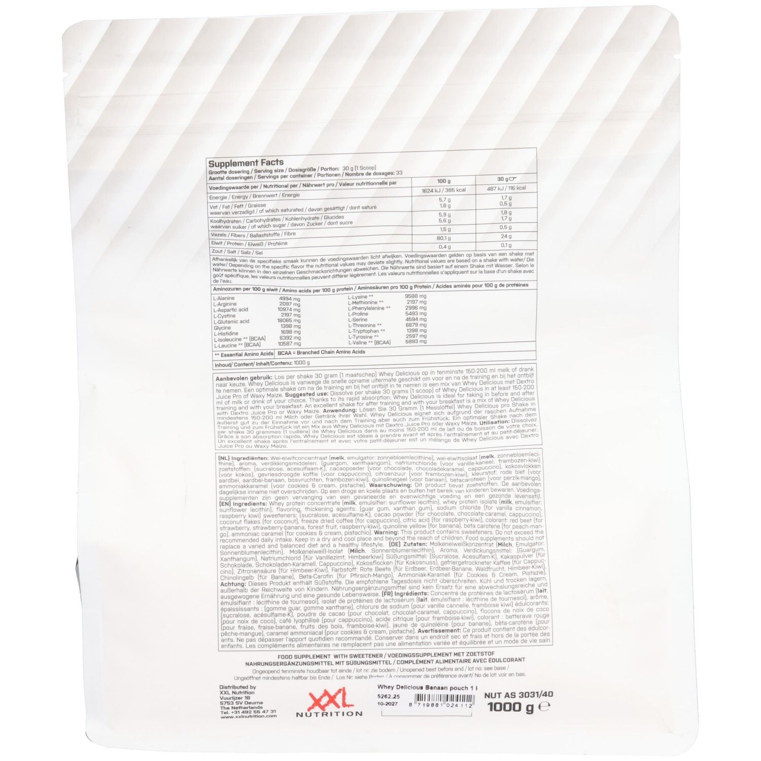 Dos du sachet Whey Delicious. Contient informations nutritionnelles, liste d'ingrédients et avertissements en plusieurs langues. 1000g.