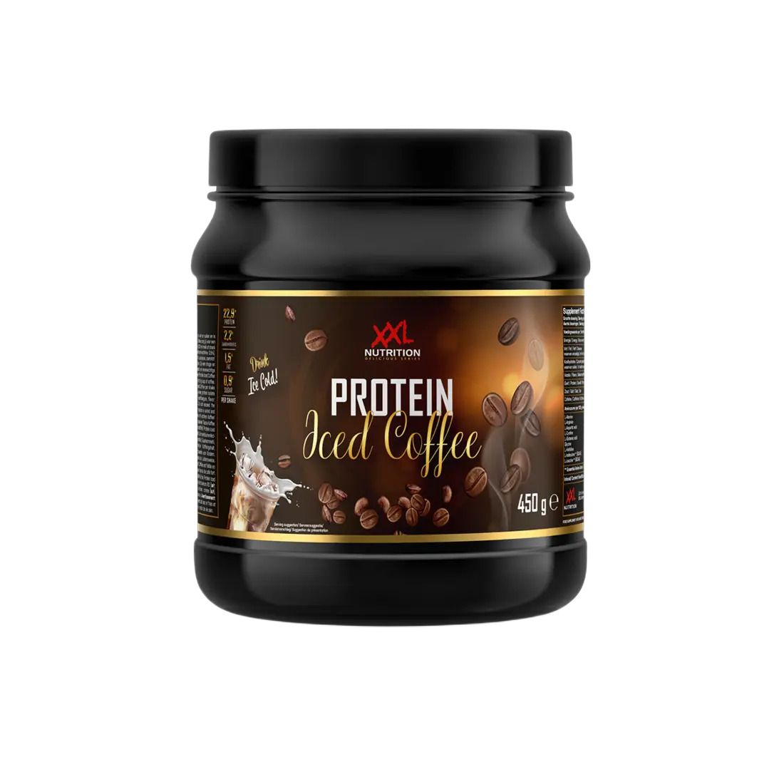 Pot noir de Protein Iced Coffee XXL Nutrition. Inscription et illustration de grains de café. 450g.