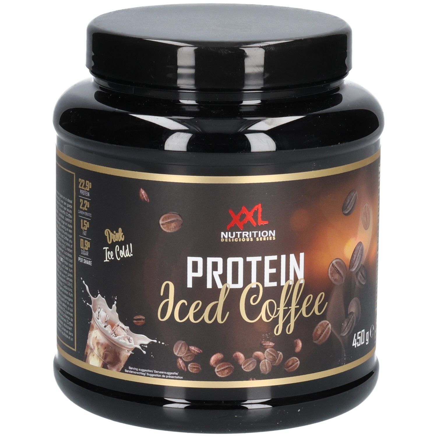 Pot noir de Protein Iced Coffee XXL Nutrition. Inscription et illustration de grains de café. 450g.