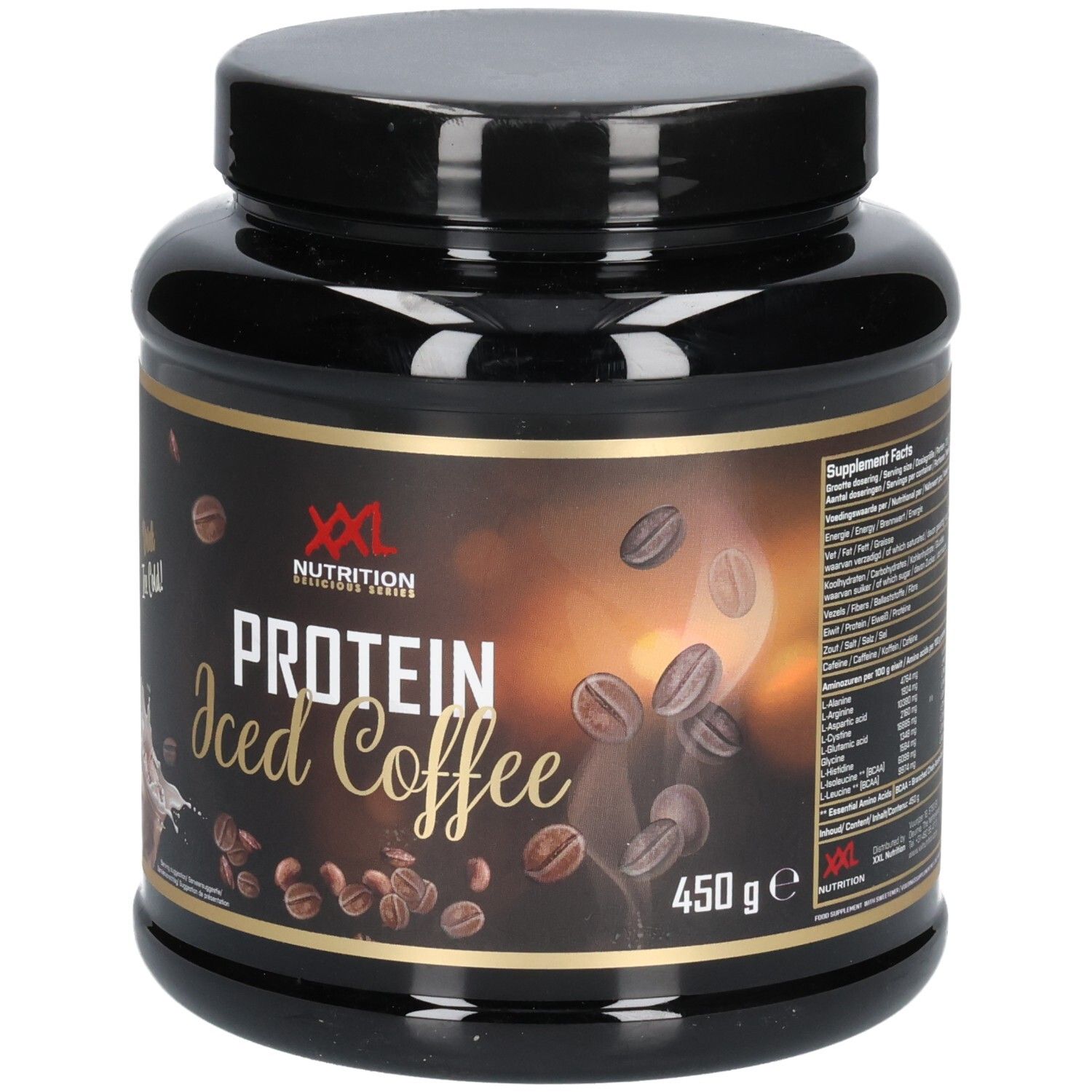 Pot noir de Protein Iced Coffee XXL Nutrition. Inscription et illustration de grains de café. 450g.