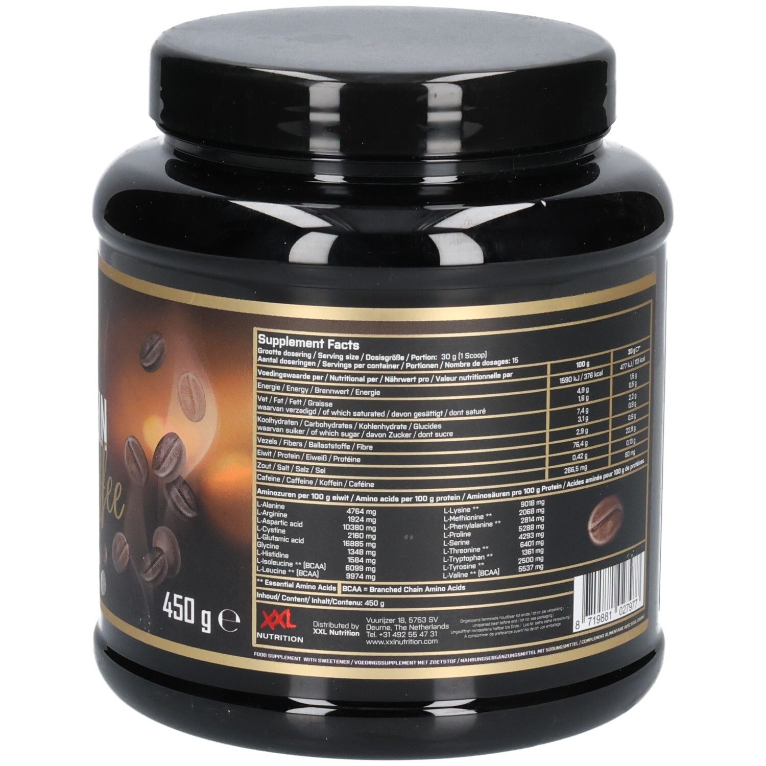 Dos du pot noir avec texte. XXL Nutrition Protein Iced Coffee. Informations nutritionnelles et acides aminés.