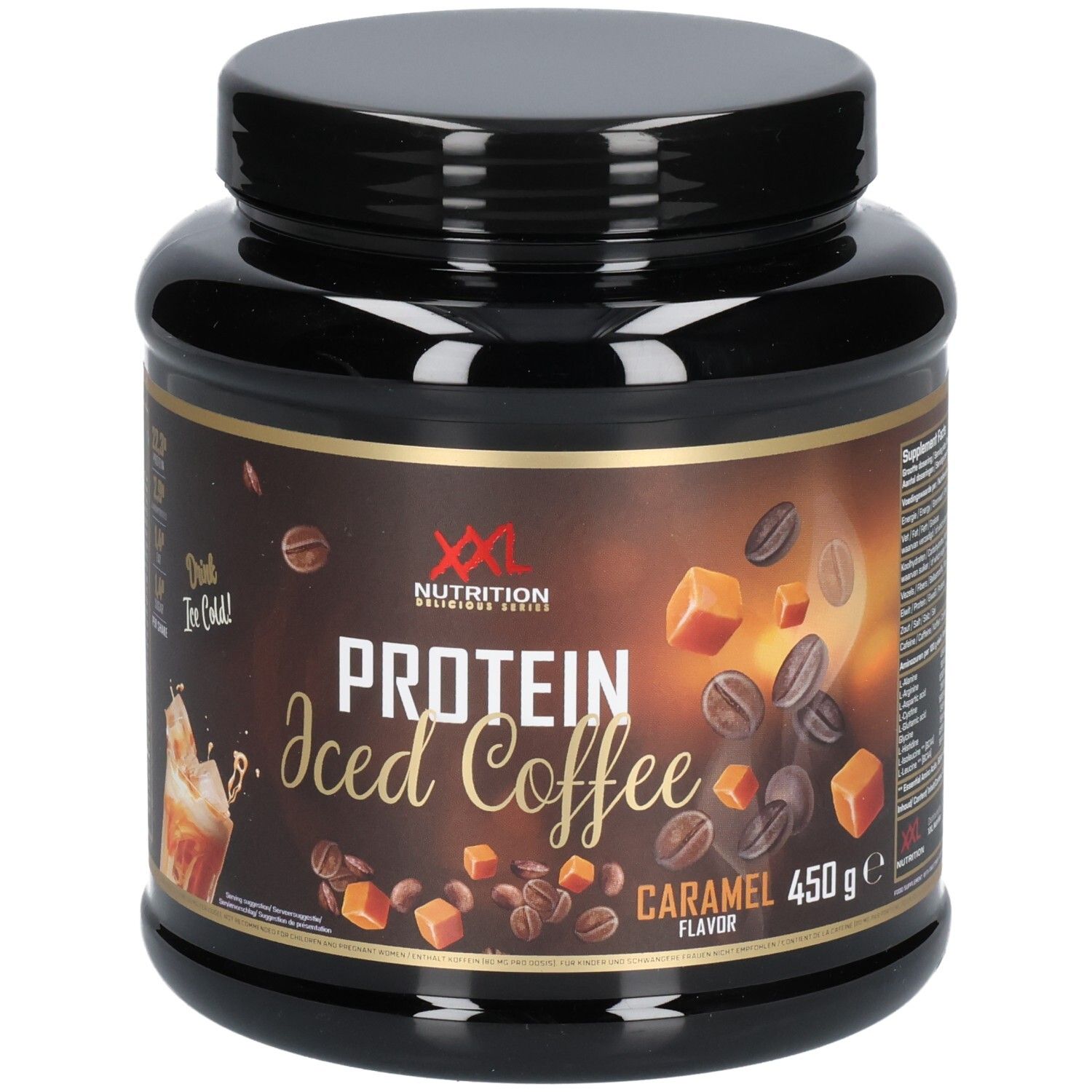 Pot noir XXL Nutrition Protein Iced Coffee Caramel. Inscription: Protein Iced Coffee, Caramel, 450g. Illustration de café et de caramel.