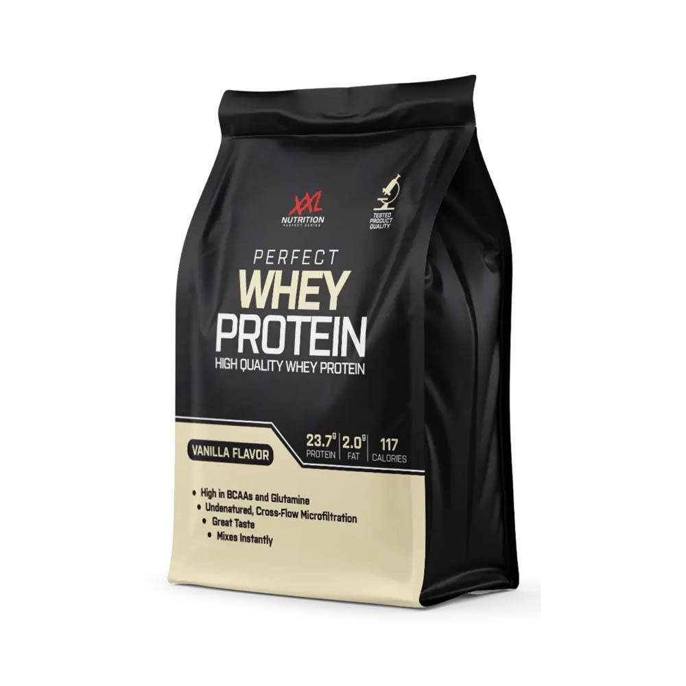 Emballage noir XXL Nutrition Perfect Whey Protein Vanille. Contient 750g. Informations sur protéines, matières grasses et calories.