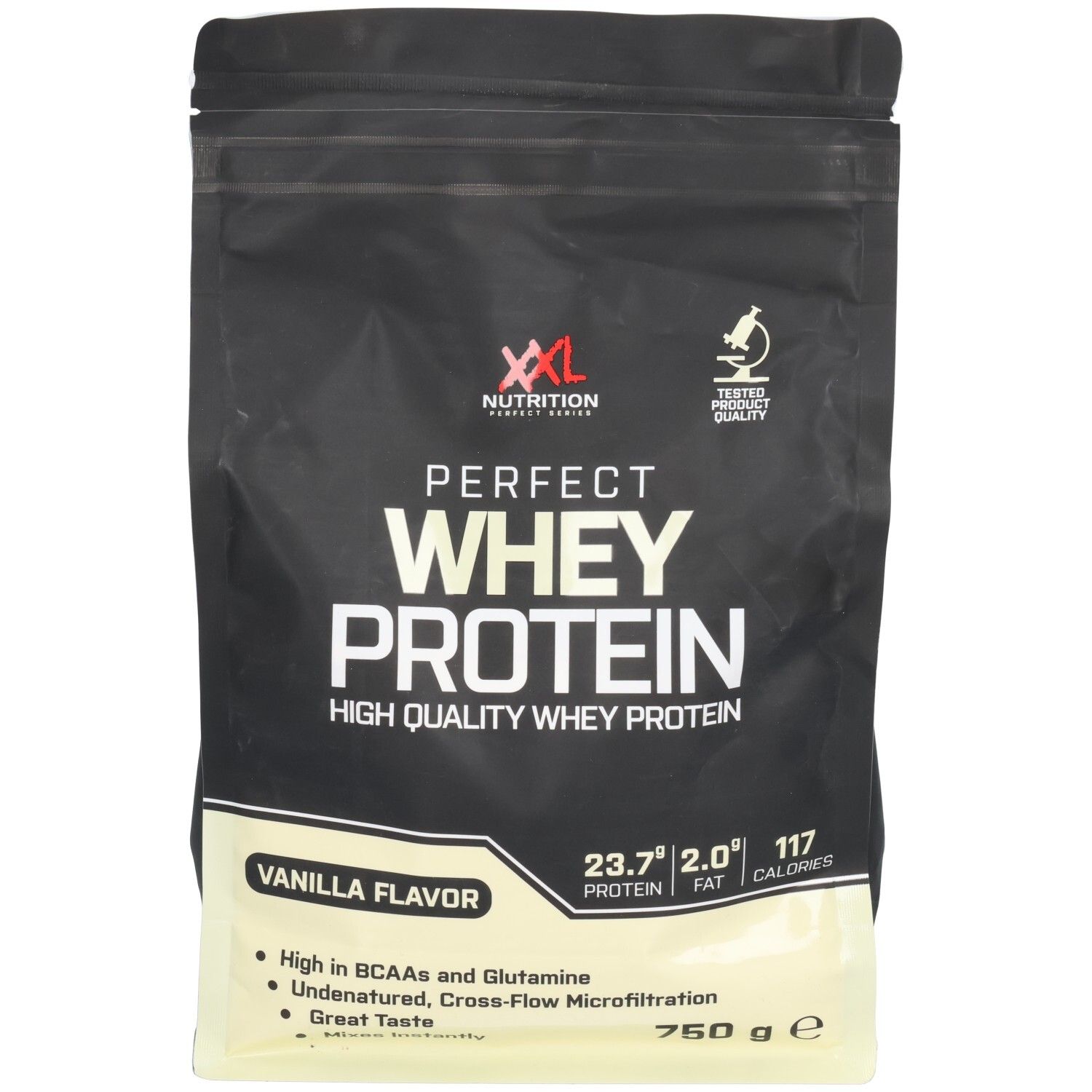 Emballage noir XXL Nutrition Perfect Whey Protein Vanille. Contient 750g. Informations sur protéines, matières grasses et calories.