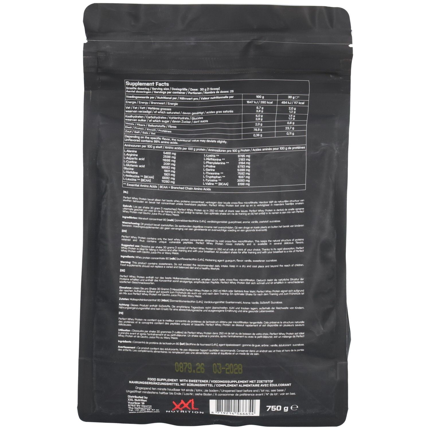 Dos de l'emballage noir avec informations nutritionnelles et liste d'ingrédients. Contient 750g. Date de péremption.