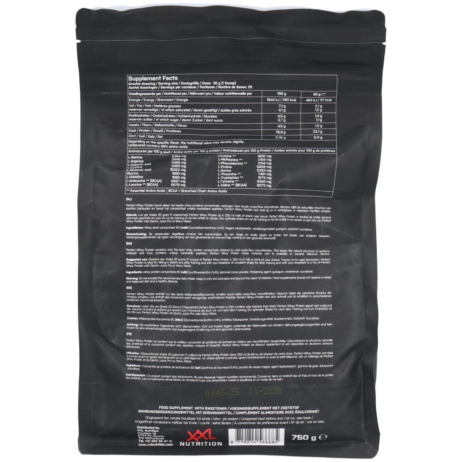 Dos de l'emballage noir avec informations nutritionnelles et ingrédients. Texte en plusieurs langues.