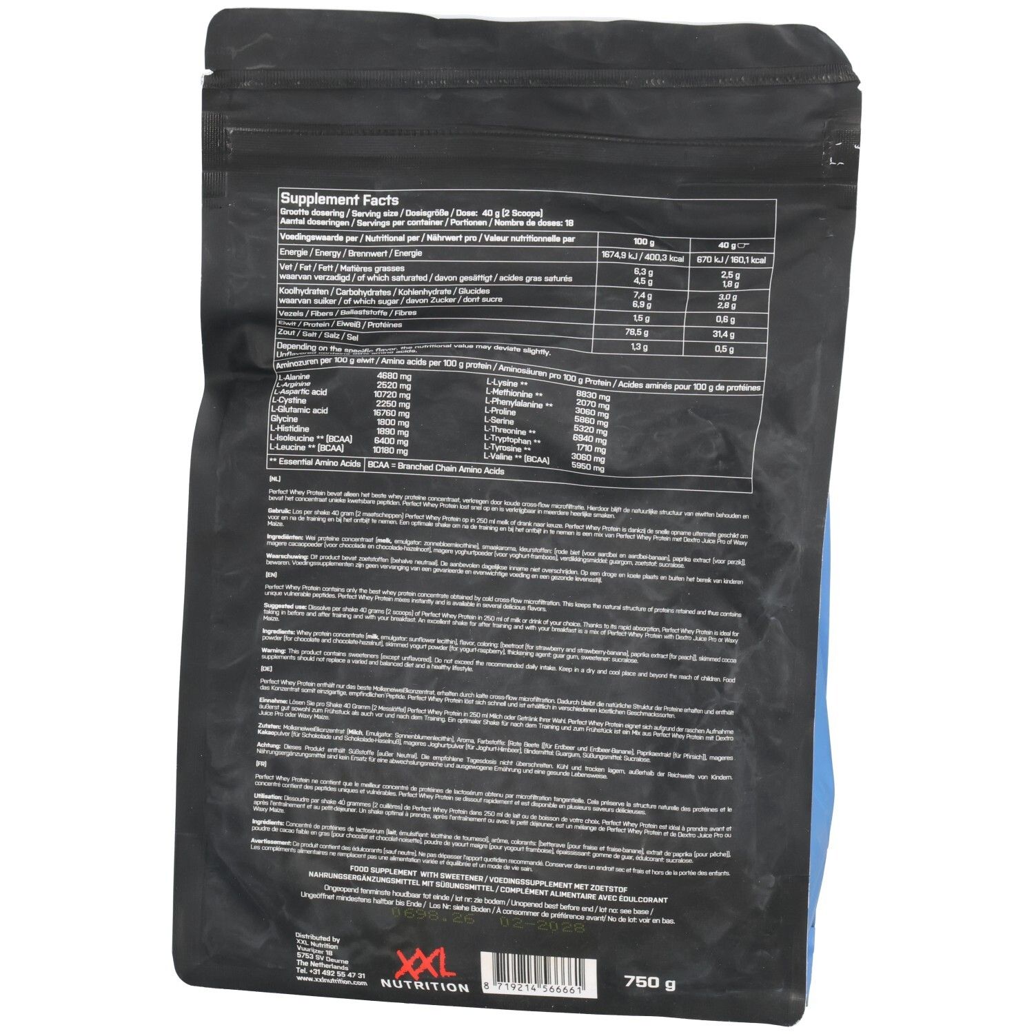Dos de l'emballage noir avec informations nutritionnelles et ingrédients. Contient 750g.