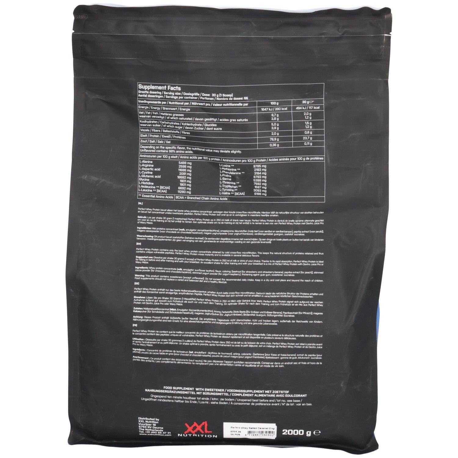 Dos d'un sac noir. Contient des informations nutritionnelles et des ingrédients. Marque: XXL Nutrition. Poids: 2000 g.