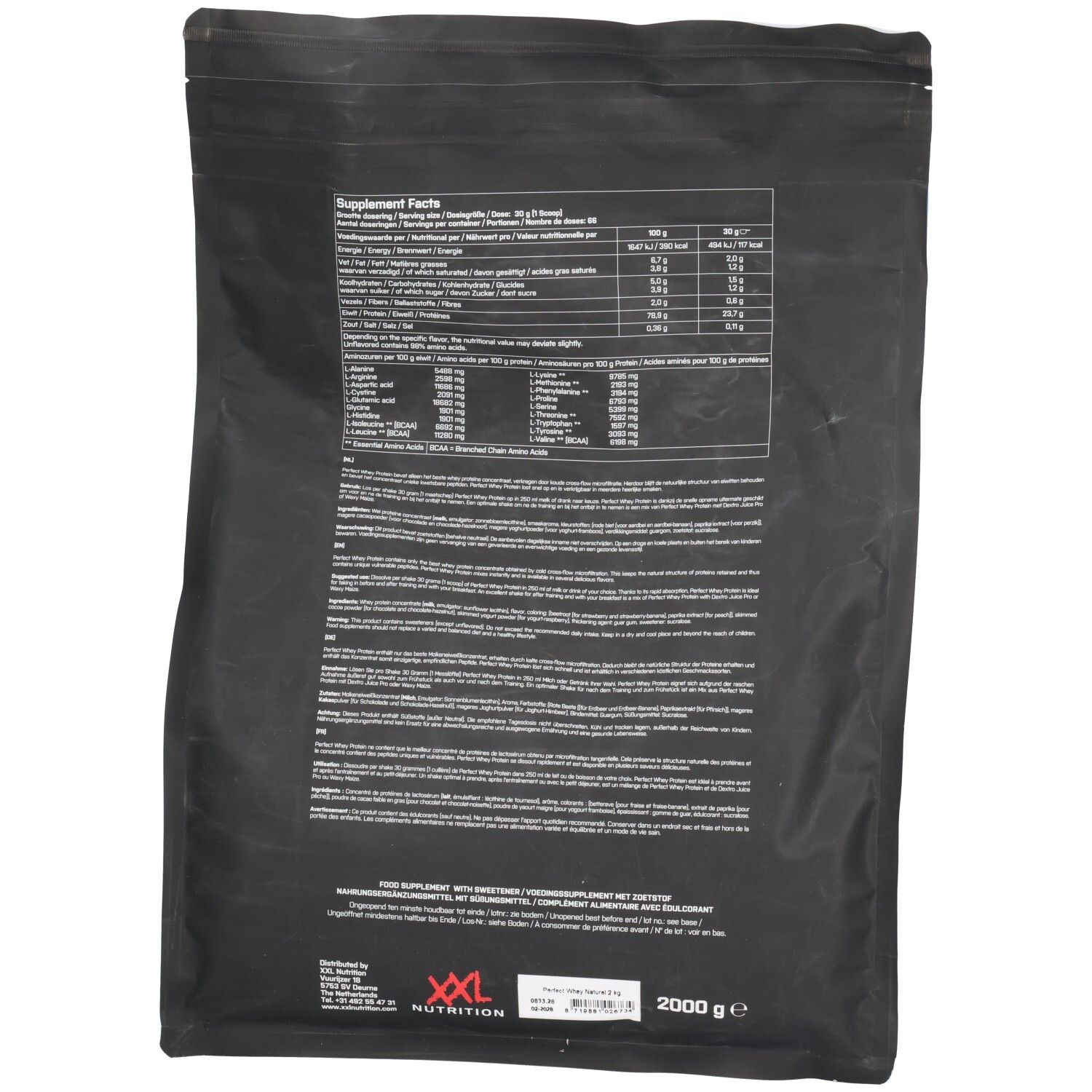 Dos d'un sachet noir. Texte avec informations nutritionnelles et ingrédients. Logo XXL Nutrition.
