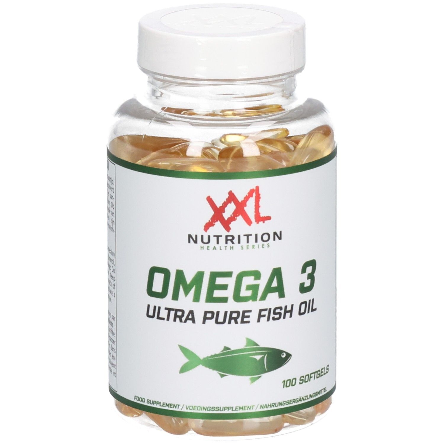 Flacon transparent avec gélules. Étiquette avec "XXL Nutrition", "Omega 3 Ultra Pure Fish Oil" et symbole de poisson. 100 gélules.