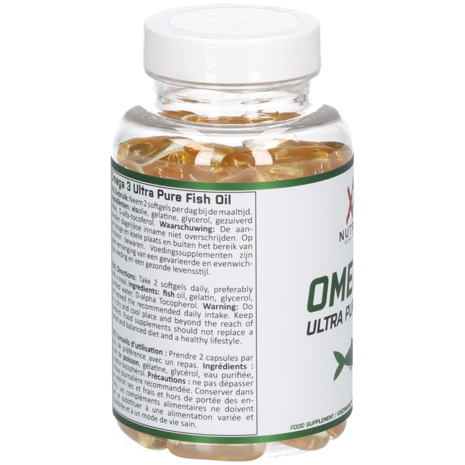 Vue arrière du flacon avec gélules. Texte sur l'étiquette : "Omega 3 Ultra Pure Fish Oil", ingrédients, mode d'emploi, avertissements.