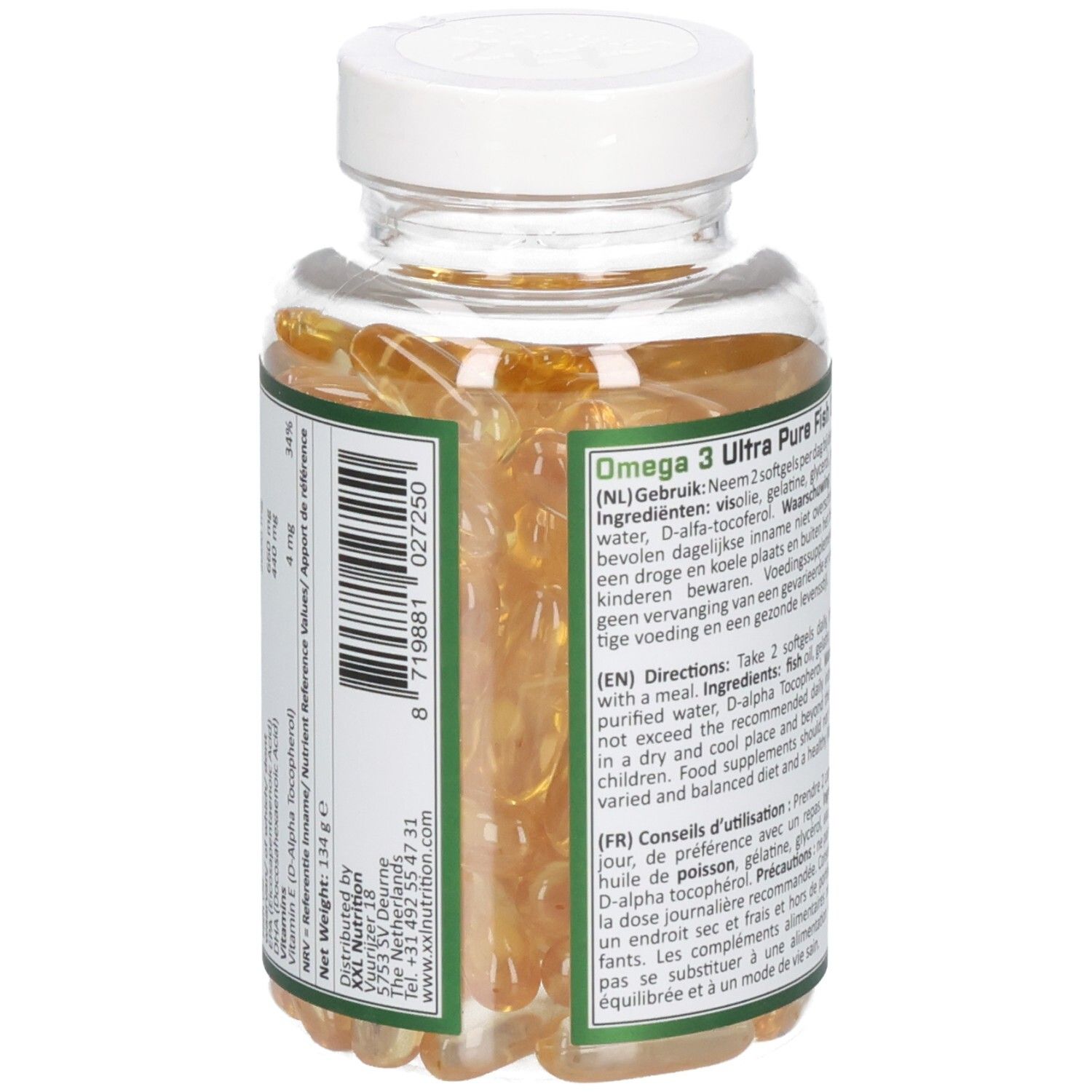 Vue arrière du flacon avec gélules. Étiquette avec texte : ingrédients, mode d'emploi, informations nutritionnelles, informations fabricant.