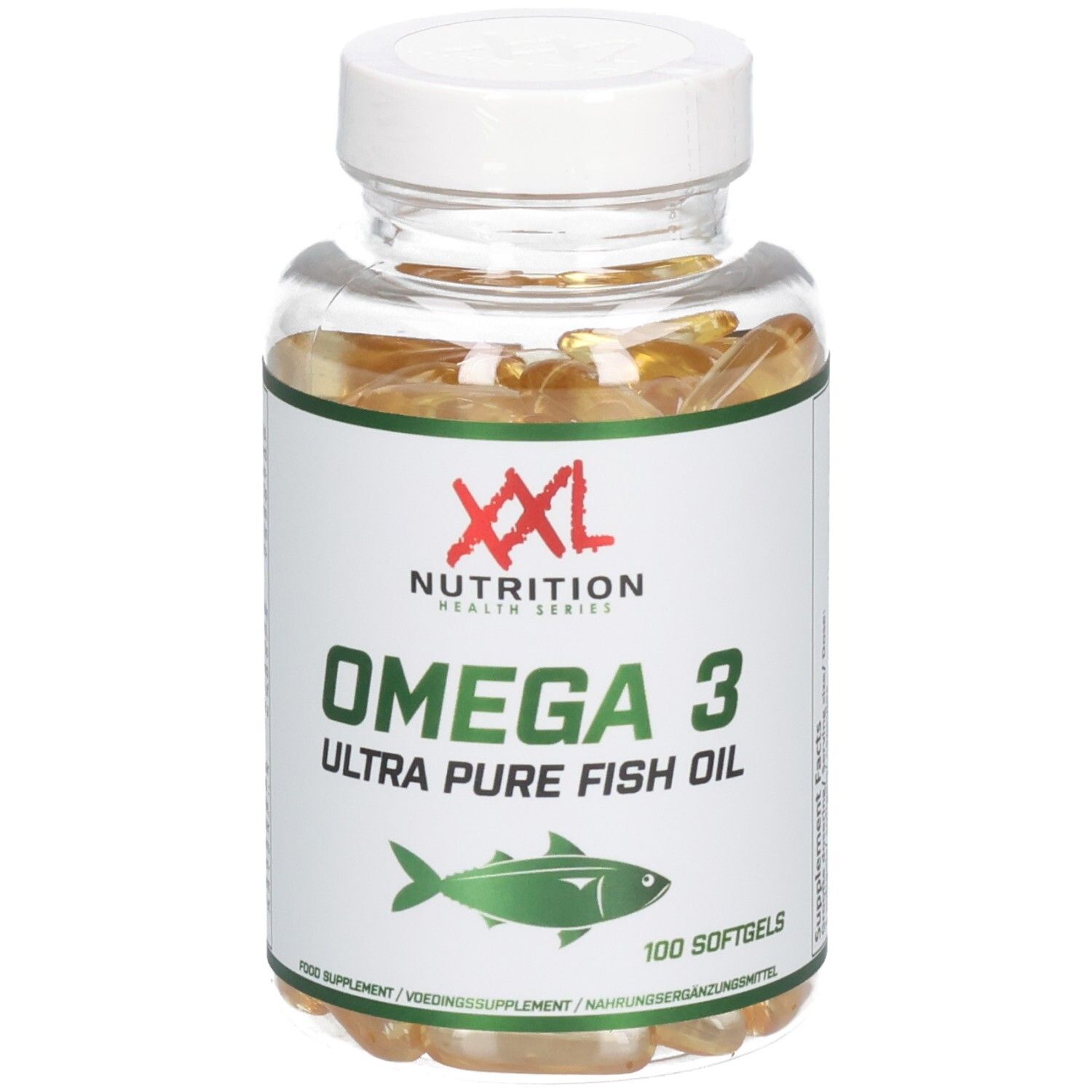 Flacon avec gélules. Étiquette avec "XXL Nutrition", "Omega 3 Ultra Pure Fish Oil" et symbole de poisson. 100 gélules. Gros plan.