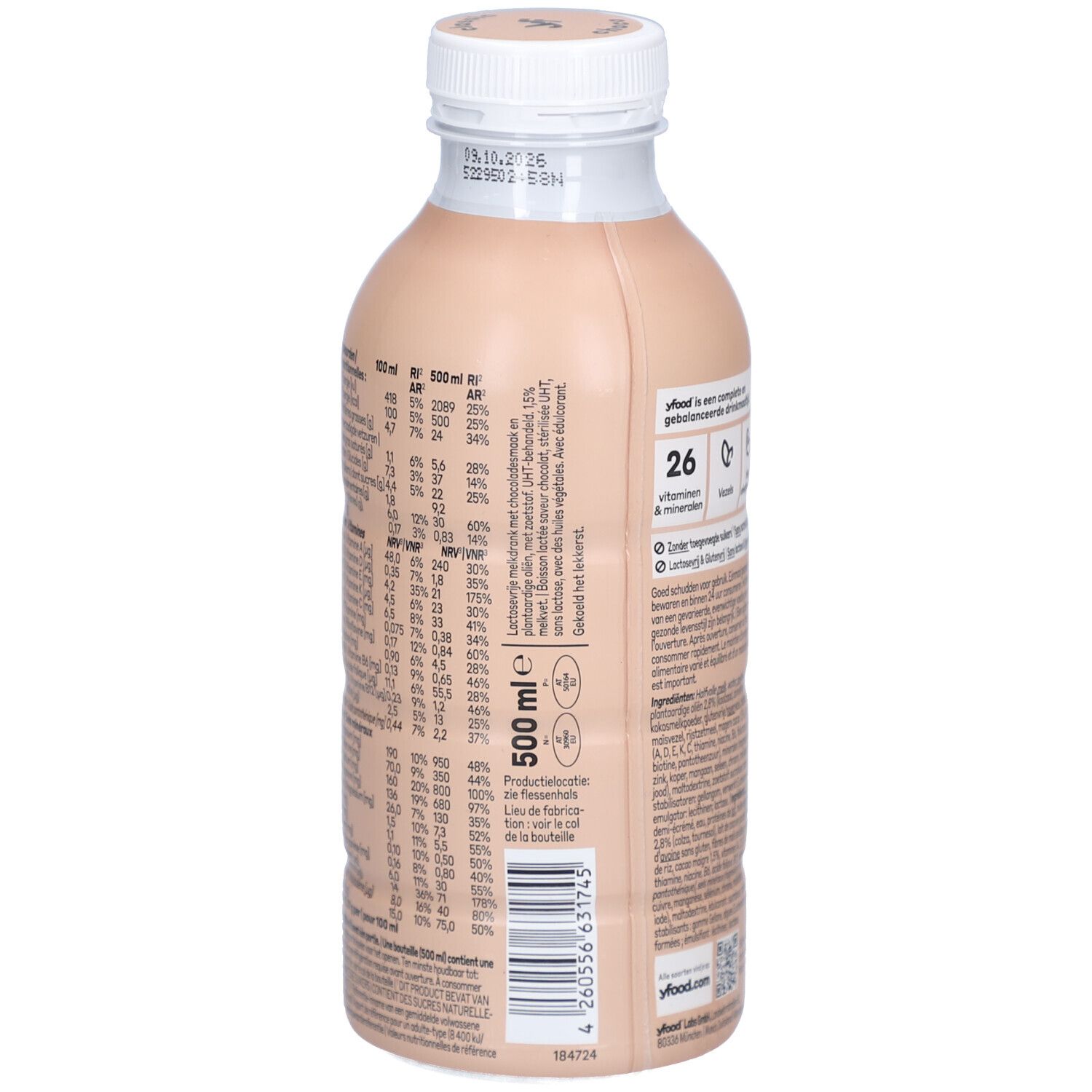Bouteille de boisson au chocolat. Inscription : yfood, THIS IS FOOD, classic choco. Dos avec informations nutritionnelles et code-barres. Bouchon blanc.
