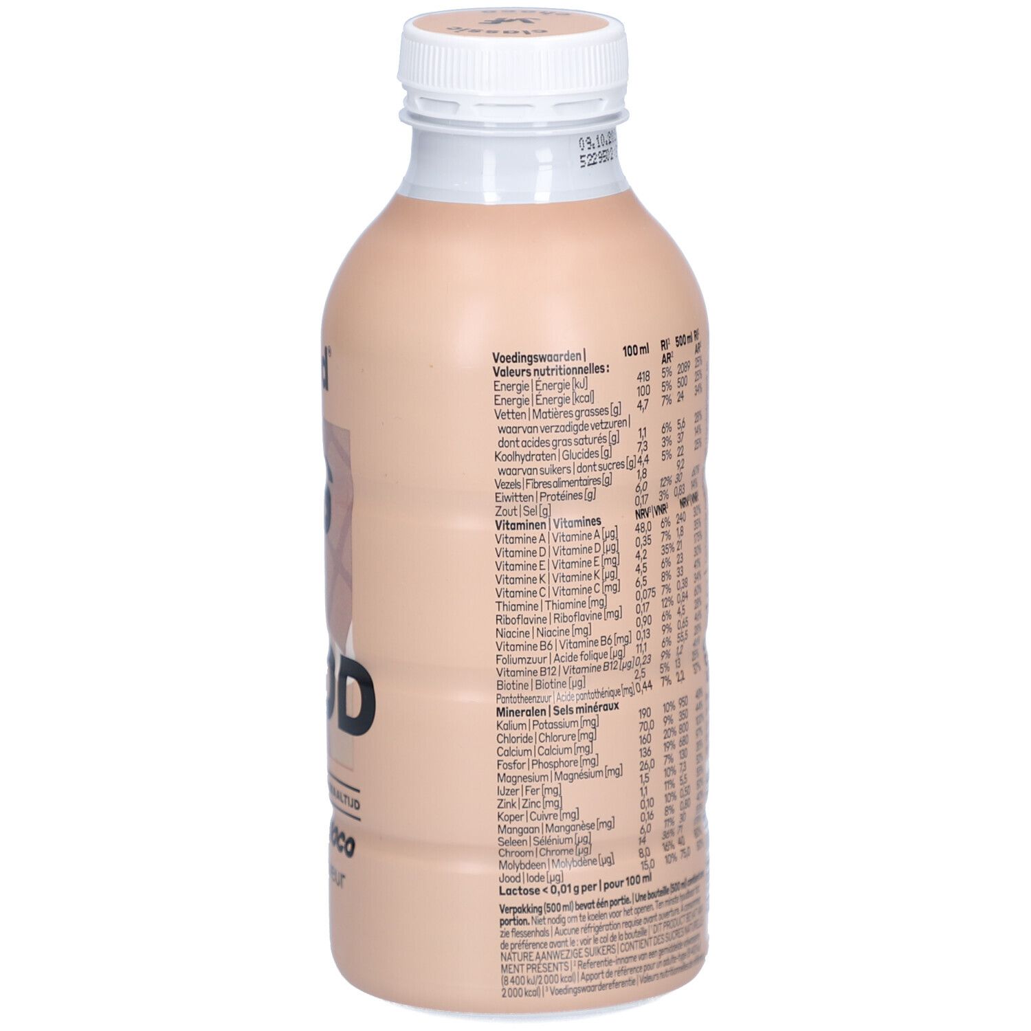 Bouteille de boisson au chocolat. Inscription : yfood, THIS IS FOOD, classic choco. Dos avec informations nutritionnelles. Bouchon blanc.