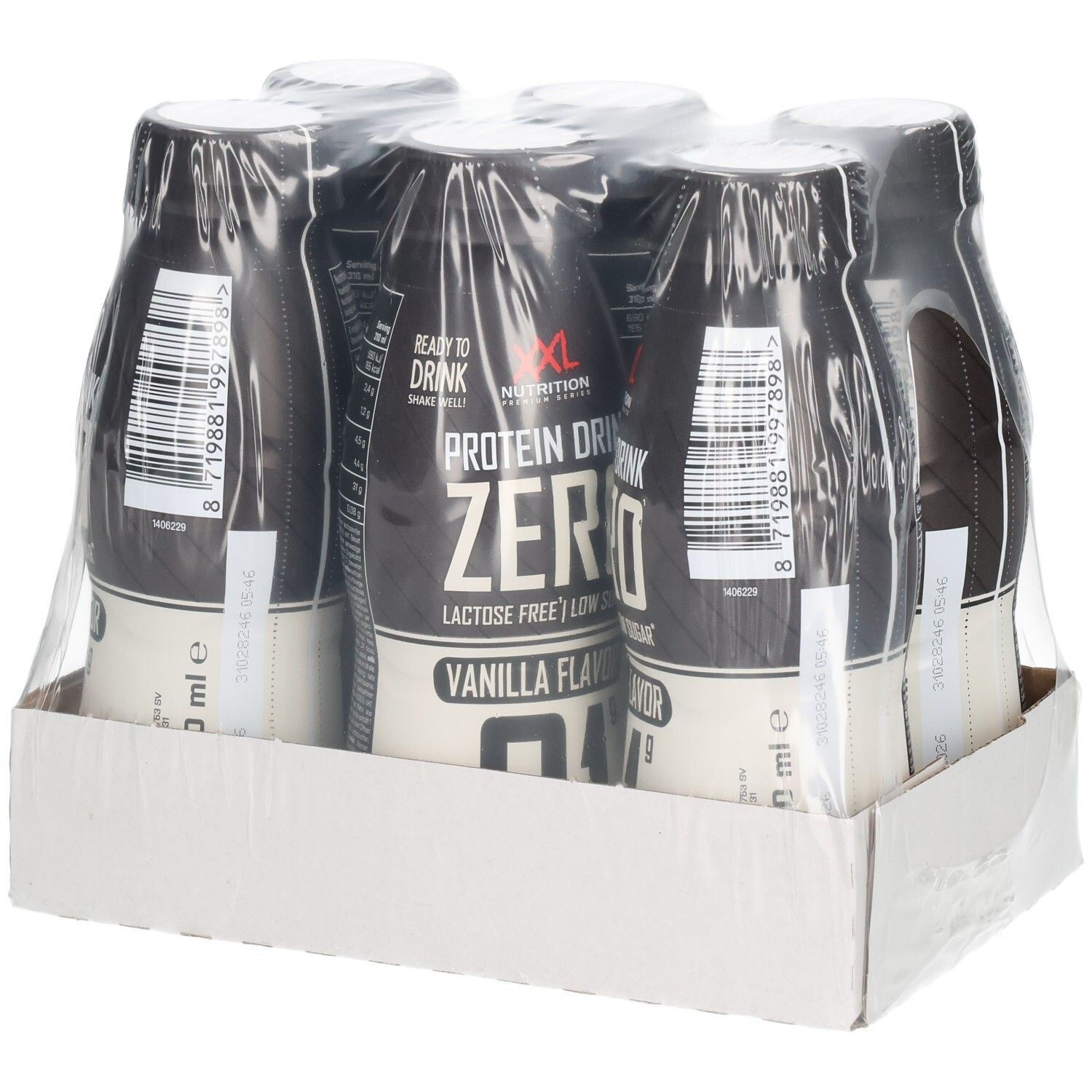 Six bouteilles de XXL Nutrition Protein Drink Zero, saveur vanille, emballées sous film plastique. Sur carton.