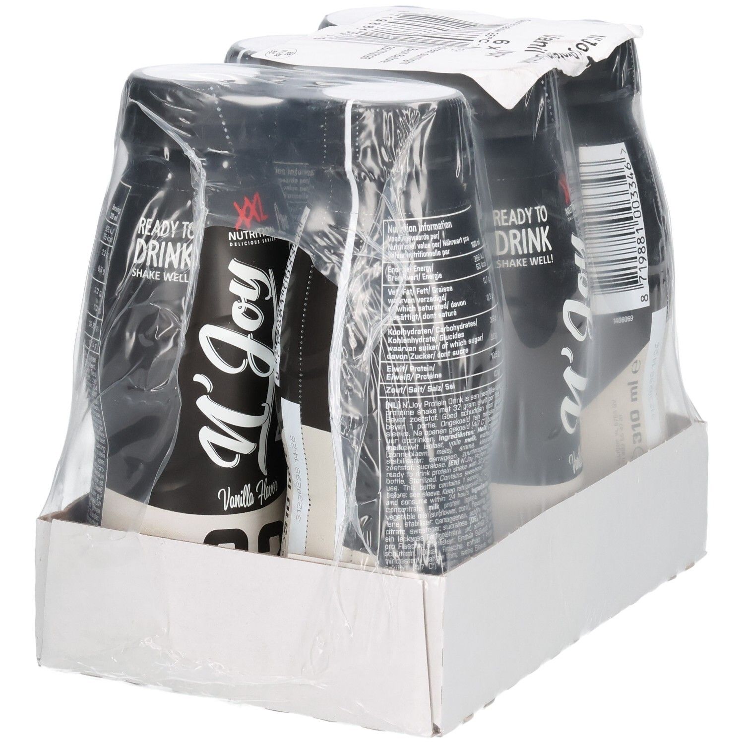 Emballage de six bouteilles de N'Joy Protein Drink, saveur vanille. Bouteilles noires avec étiquette blanche, emballées sous film.