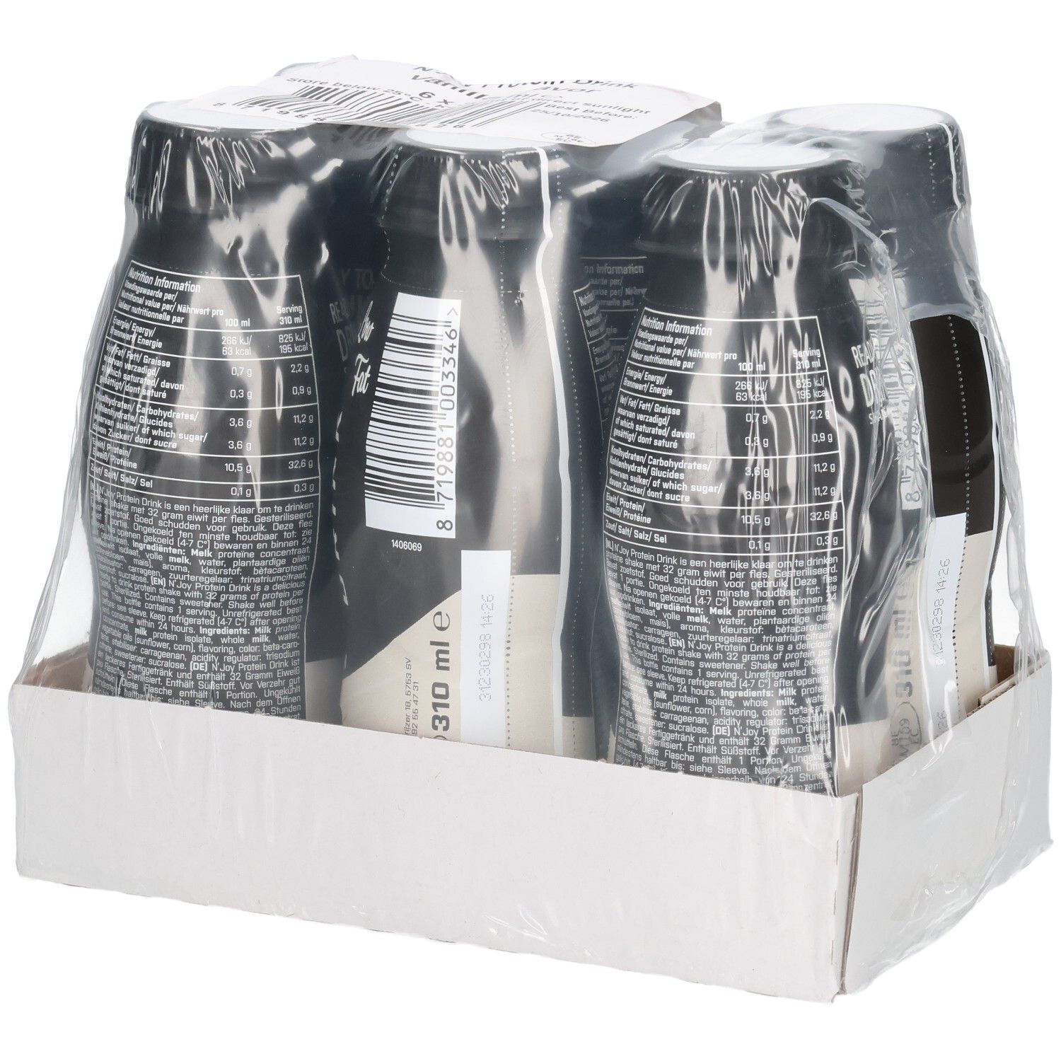 Emballage de six bouteilles de N'Joy Protein Drink, saveur vanille. Bouteilles noires avec étiquette blanche, emballées sous film.