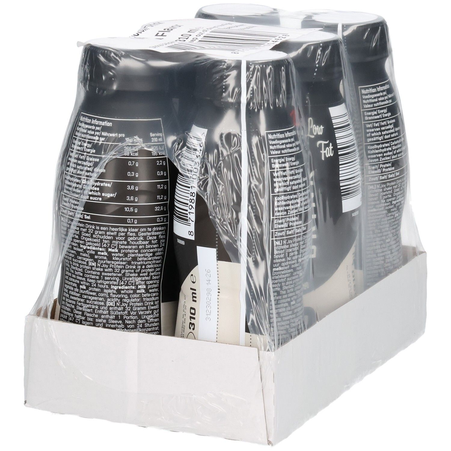 Emballage de six bouteilles de N'Joy Protein Drink, saveur vanille. Bouteilles noires avec étiquette blanche, emballées sous film.