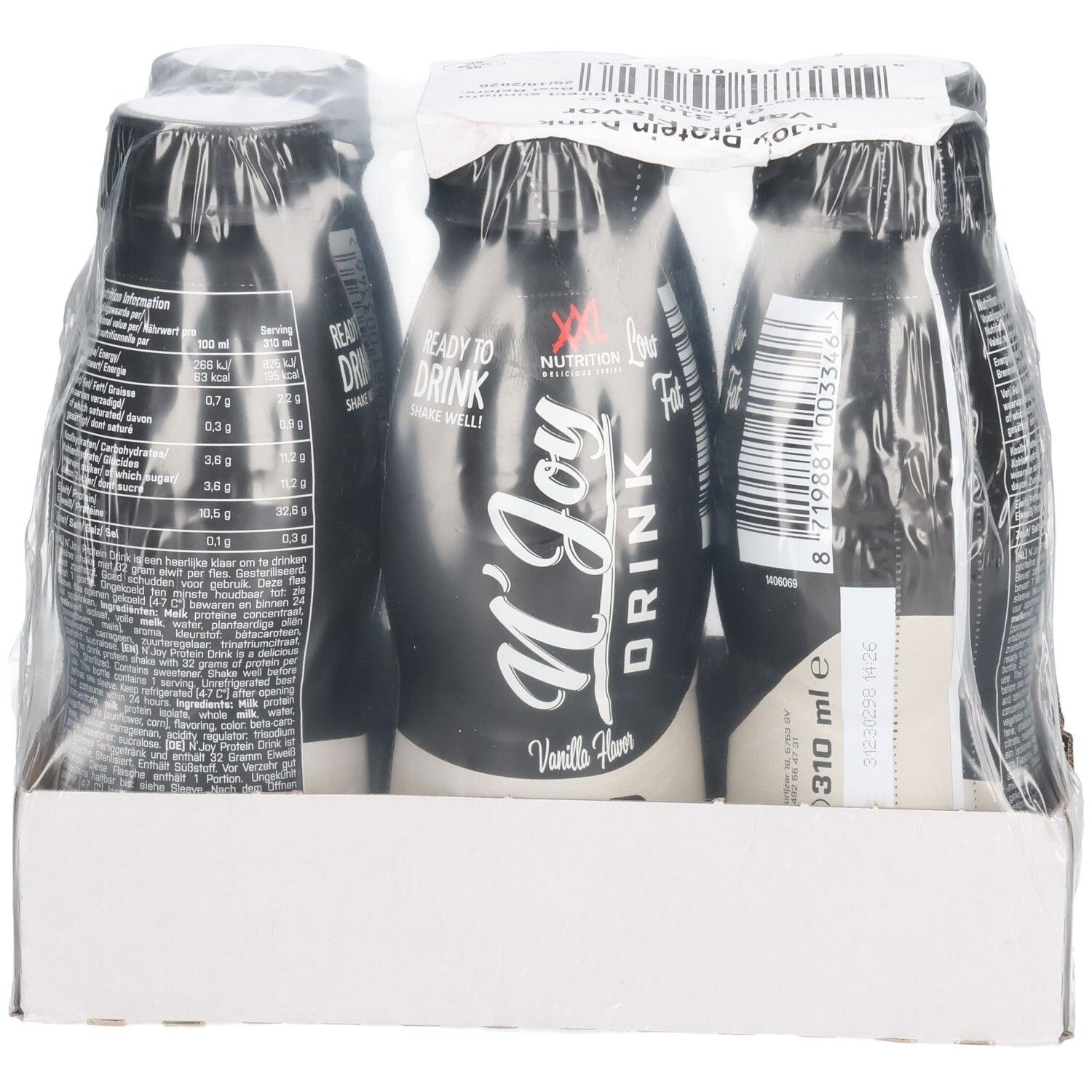 Emballage de six bouteilles de N'Joy Protein Drink, saveur vanille. Bouteilles noires avec étiquette blanche, emballées sous film.